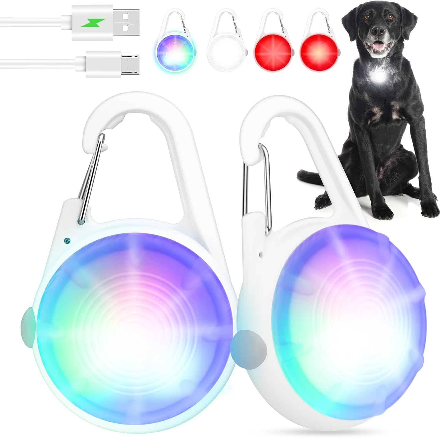 POEEY Dog Lights 2Pack LED Rechargeable Dog Collar Lights Clip on with RGB Color Pet Safety Lights Light up Lighted Dog Harness Light for Night Walking Camping, White, PE-002 image number 4