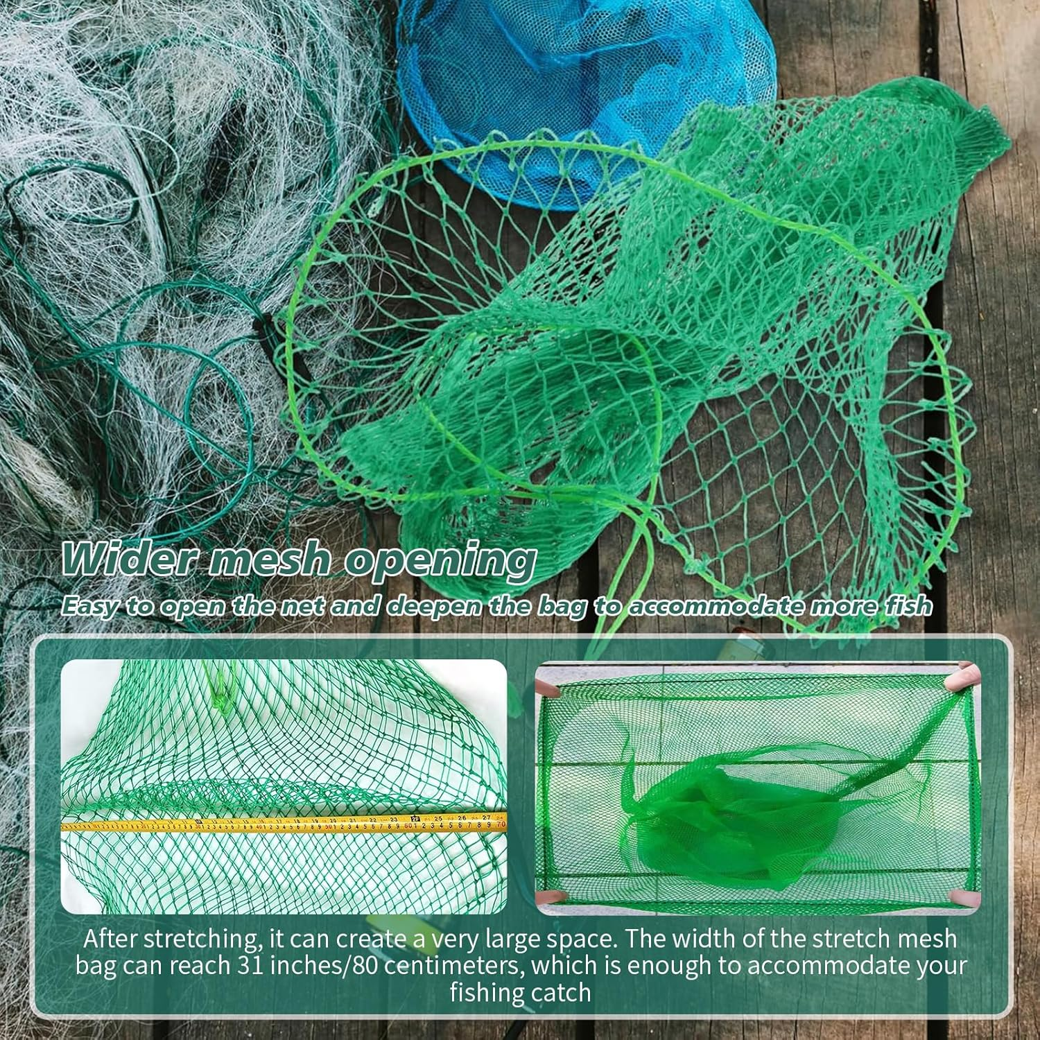 Fishing Net Bags, Folded Fishing Bait Trap Net, Drawstring Fish Storage Mesh, Foldable Fish Keep Net Diving Bags, Long Fishing Mesh, Length Trap Net for Shrimp, Shrimp, Crabs, Lobster (1.5M)