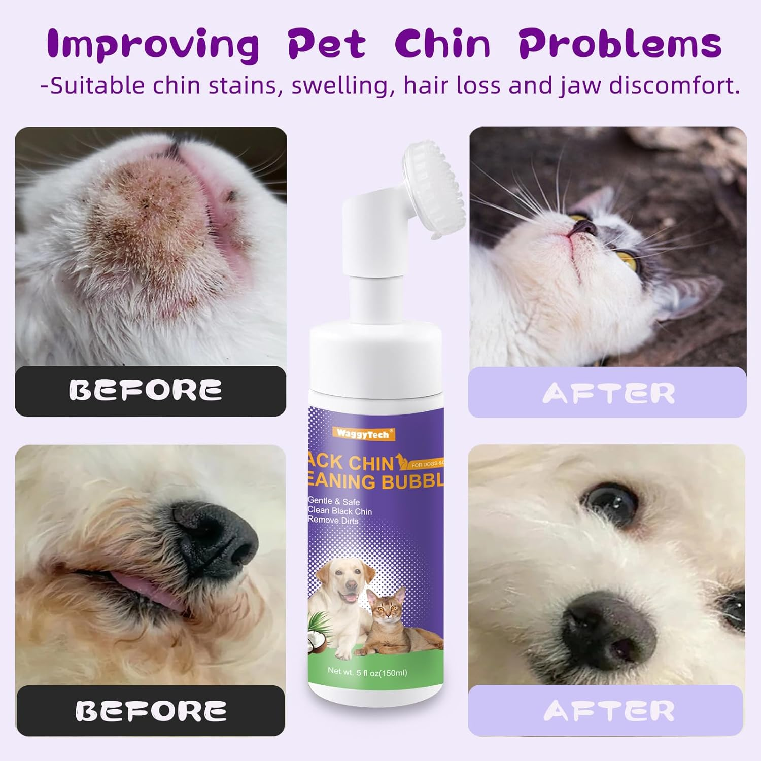 Cat Black Chin Acne Cleaner 5Oz (150 Ml), No-Rinse Pet Care Mousse with Soft Brush Head, Removes Blackheads & Degreases Tails, Pet Hair Health Shampoo - Dryness | Oil | Dirt image number 2