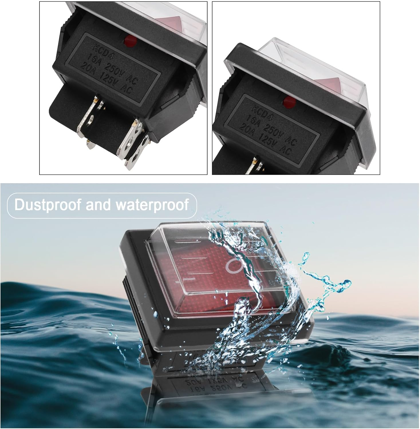 Emagtech 4Ocs 16A 250V Waterproof Rocker Arm Self Locking Power Switch 4Pin 2 Position Switch with Dust Cover LED Light Toggle Switch for Car and Vessel Red and Black image number 1