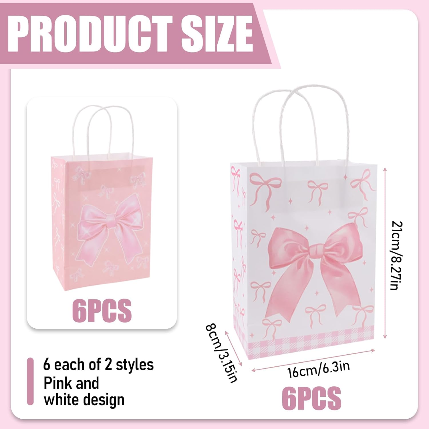 ACOSIY 12 PCS Bow Pink Goodie Bags, Plain Reusable Gift Bags with Handles, Pastel Candy Party Favor for Wedding Birthday Bridal Engagement Decorations (Pink) image number 6