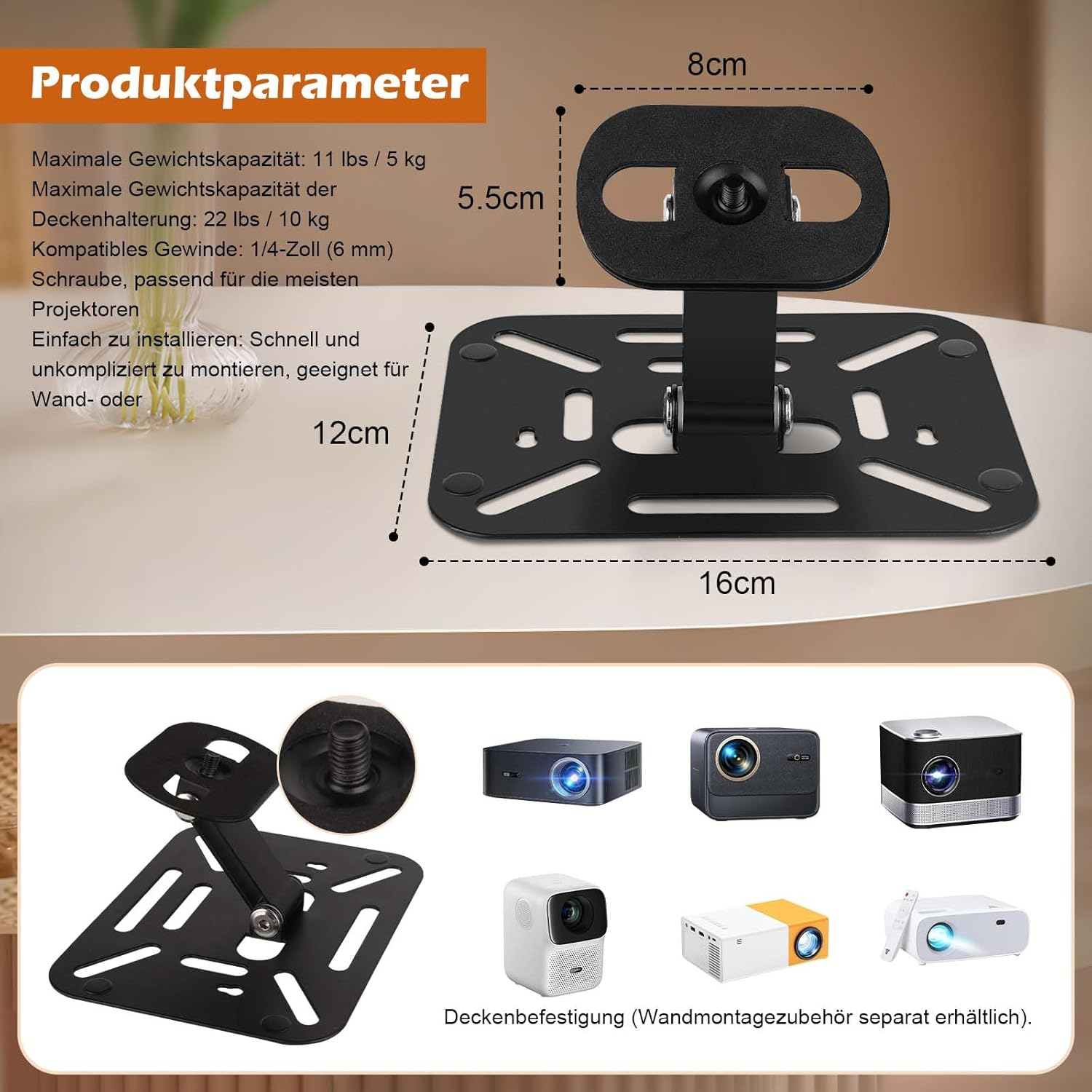 XIAOCHUAN Projector Stand, Stainless Steel Adjustable Projector Stand for Projectors with 1/4 Inch Screw Connection image number 5