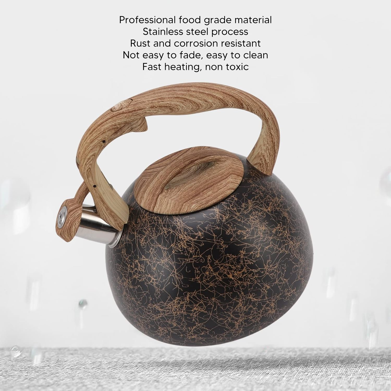 Stove Kettle， Gold Line Pattern Wood Grain Handle Stovetop Whistling Teapot, Home Kitchen Coffee Pot, Kettles, Tea Espresso Appliances