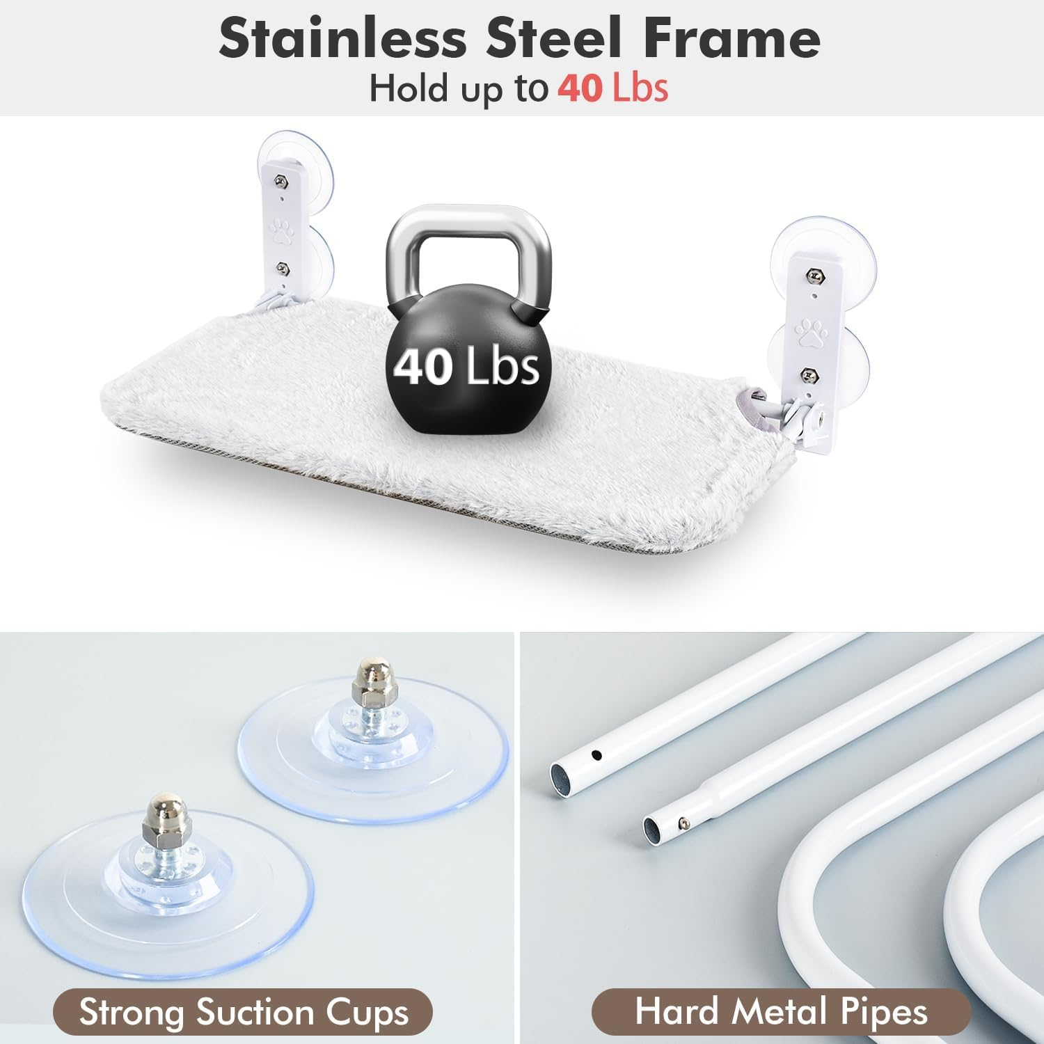 Cordless Cat Window Perch - Cat Hammock for Wall with 4 Suction Cups - 2 - Way Installation (Anchor & Screw) - Solid Metal Frame, Reversible Cover, Foldable for Indoor Cats image number 6