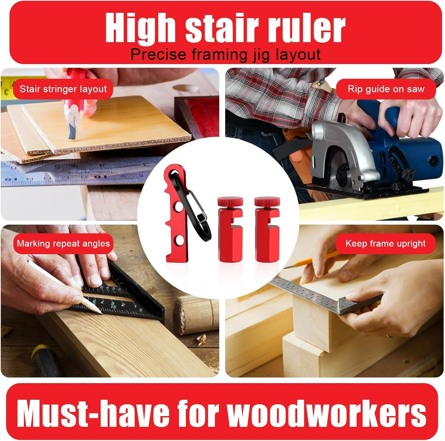 Pack of 2 High Stair Gauges for Carpenter'S Angle with Holder and Carabiner, Carpenter'S Gauge for Quick Angle Stair Teaching Knobs, Carpenter'S Angle Stops for Carpenter'S Square and Circular Saw