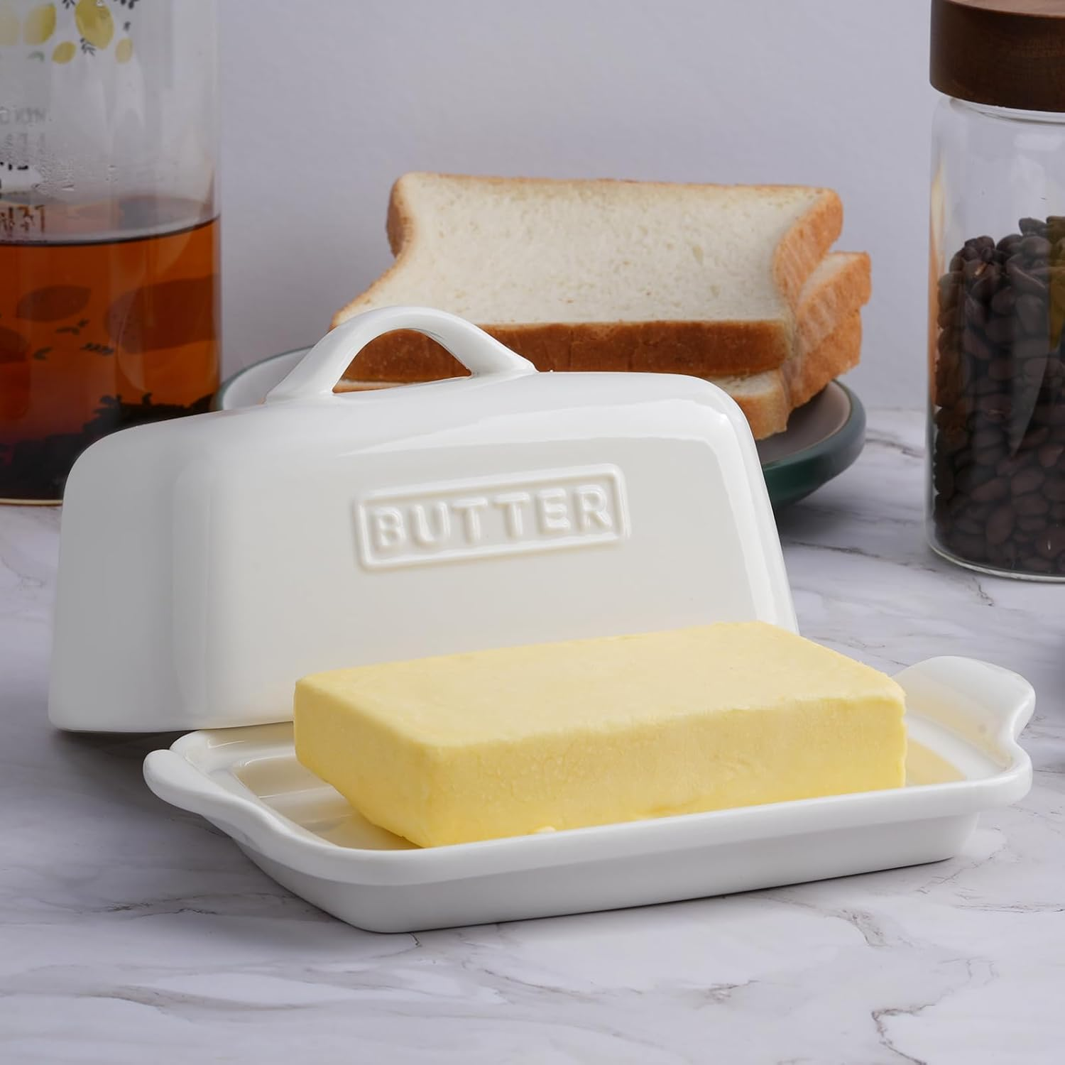 Embossed Butter Dish, Large Porcelain Butter Keeper for Countertop, Ceramic Butter Storage, Butter Holder, AU, (Color-White). image number 3