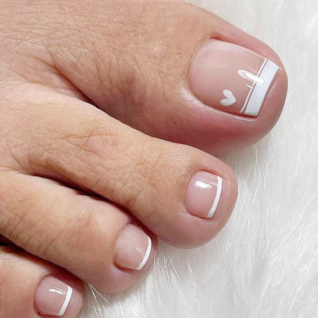 24 PCS French Press on Toenails Heart Design Short Square False Toenails White Glossy Full Cover for Women and Girls image number 2