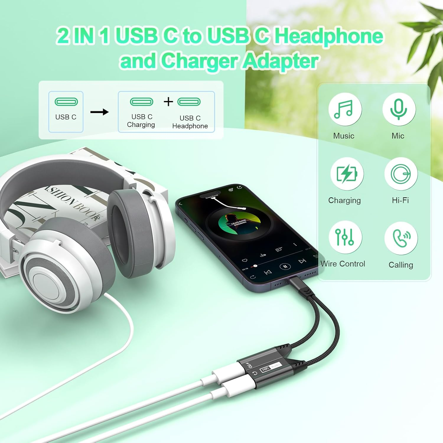 Magnetic USB C to Dual USB C Headphone Jack and Charger Adapter, 2-In-1 USBC Splitter with PD 60W Fast Charging, Type C Aux Audio Jack Adapter Compatible with Iphone 16 15 Pro Max/Ipad/Samsung image number 1