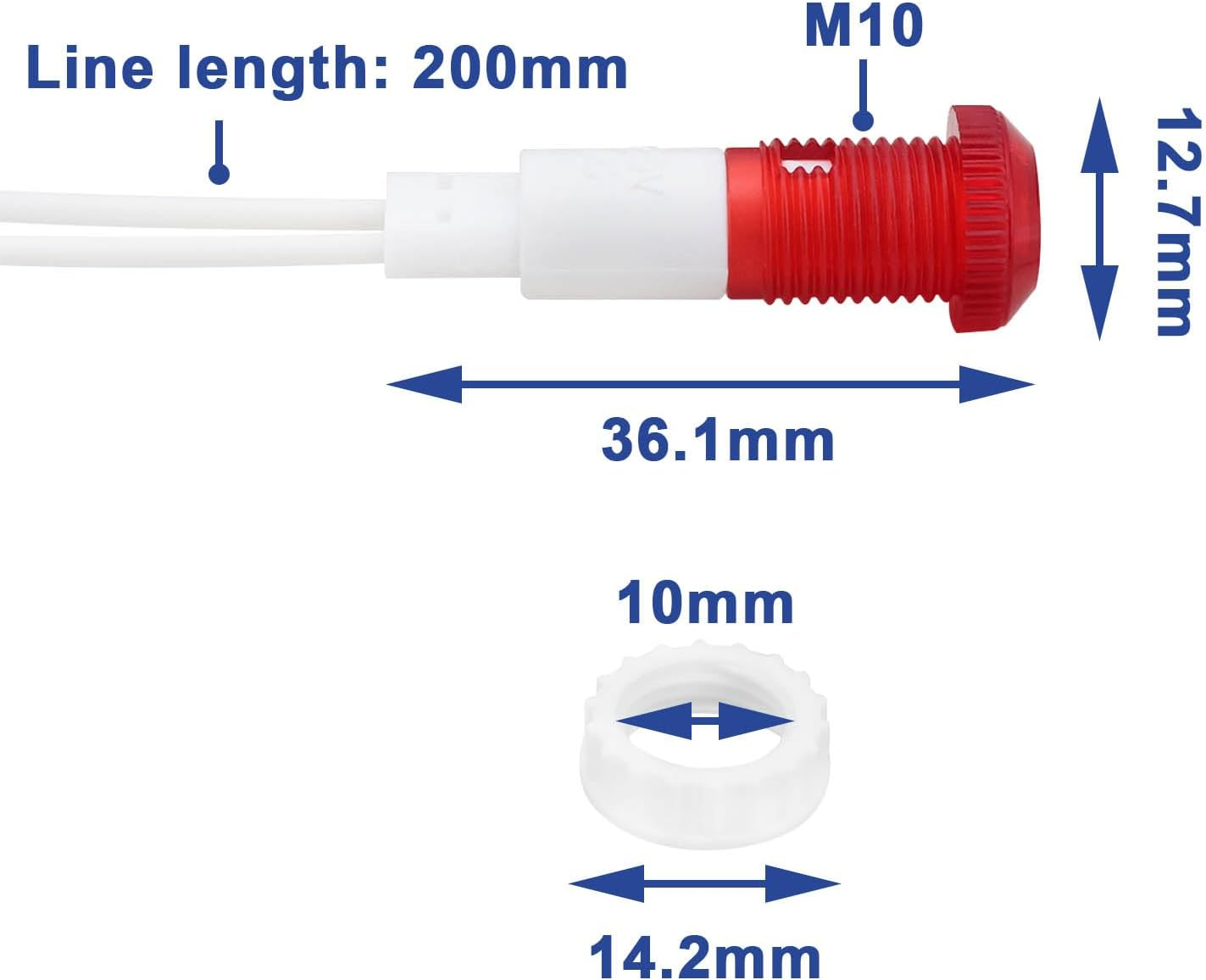Ecsing 10PCS Red Neon Indicator Lamps 6W 220-240V Mounting Hole 10Mm 36.1X12.7Mm Wire Length 20Cm Neon Warning Lamps for Automotive and Marine Equipment