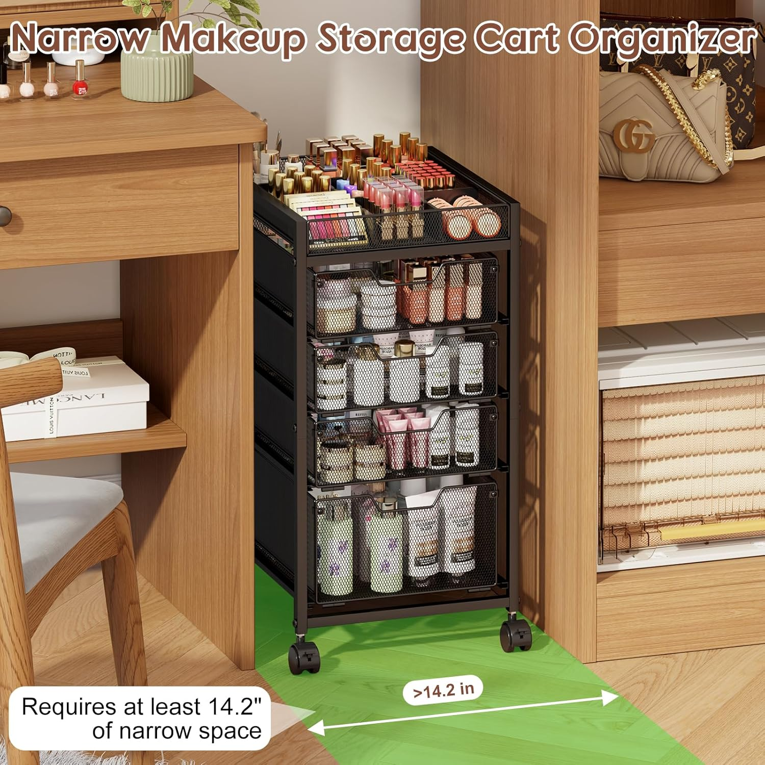 5-Tier Rolling Makeup Cart Organizer with 4 Drawers, Cosmetics Display with Dividers, Floor Skincare Storage with Wheels, Versatile Vanity Organizer for Nail Polish Perfume Brush Hair Tool, Black image number 2