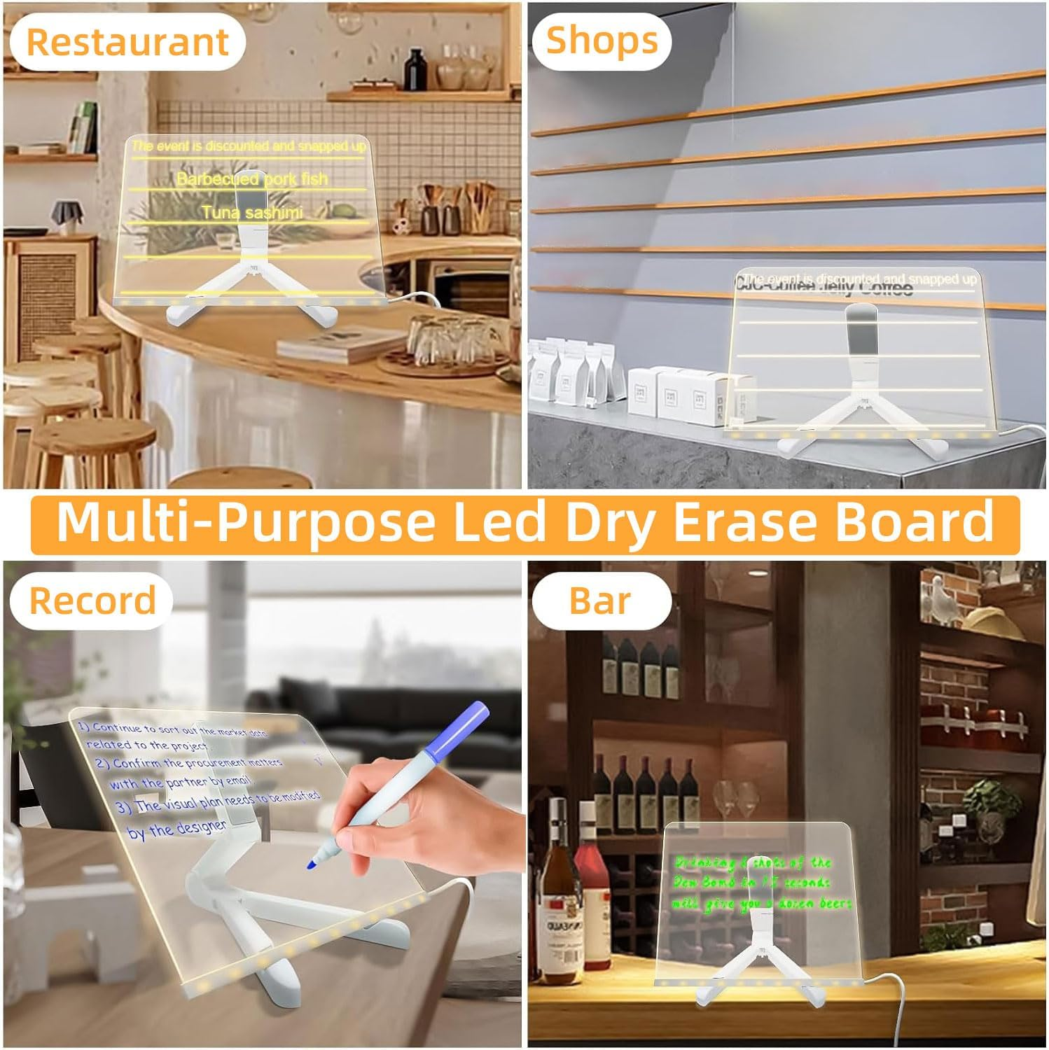LED Note Board with Colors, Letter Dry Erase Board with 7 Pens, 5.9 X 5.9Inch Acrylic Dry Erase Board with Adjustable Stand Desktop for Office School Home image number 1