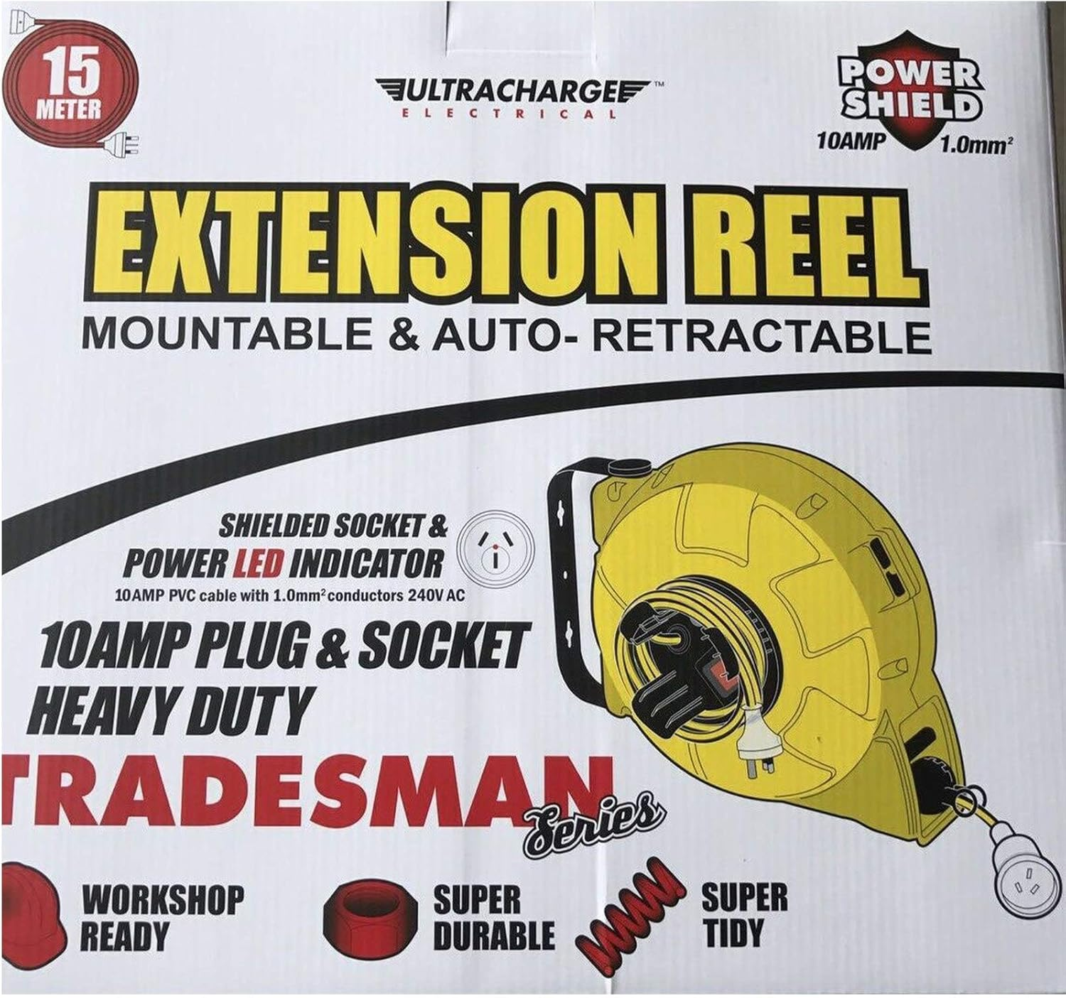 Ultracharge 10A Tradesman Auto Retractable Extension Lead Power Cord and Mountable Extension Reel, 15 M Length image number 2