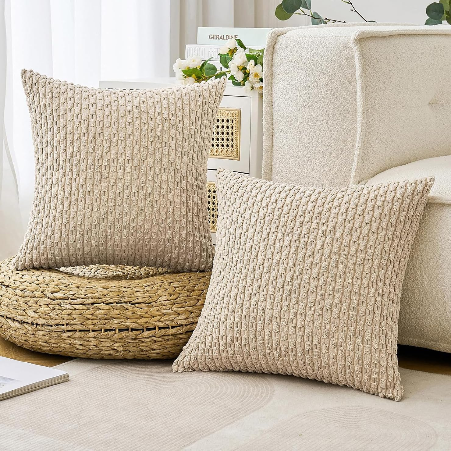 2Pcs Cushion Covers 55Cm X 55Cm, Corduroy Decorative Throw Pillow Covers Soft Boho Striped Pillow Case Modern Farmhouse Home Decor for Sofa Living Room Couch Bed (Khaki, 55Cm X 55Cm)