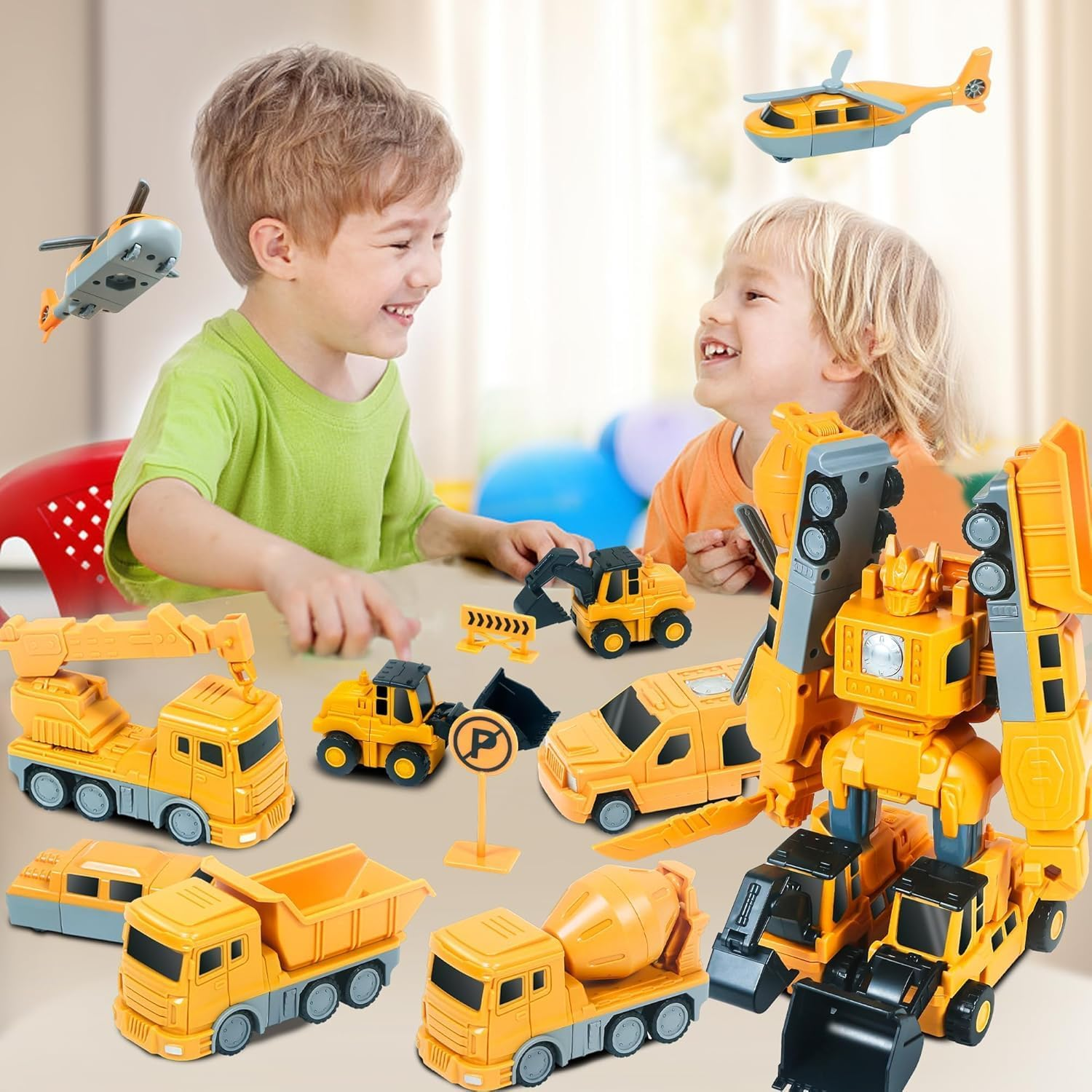 35Pc Magnetic Transform Engineering Car Set - Yellow Construction Toy Vehicle Set for Kids Aged 5-10, Includes Cars, Trucks, Forklifts, Excavators, Robots image number 1