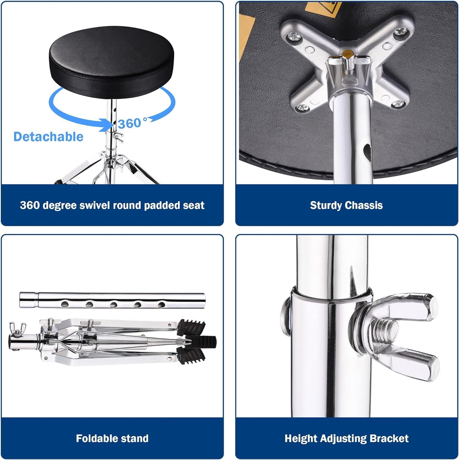 Drum Throne Drum Stool, Adjustable Height Padded Seat with Drum Sticks Anti-Slip Feet Drum Chair for Adults Kids Drummers image number 4