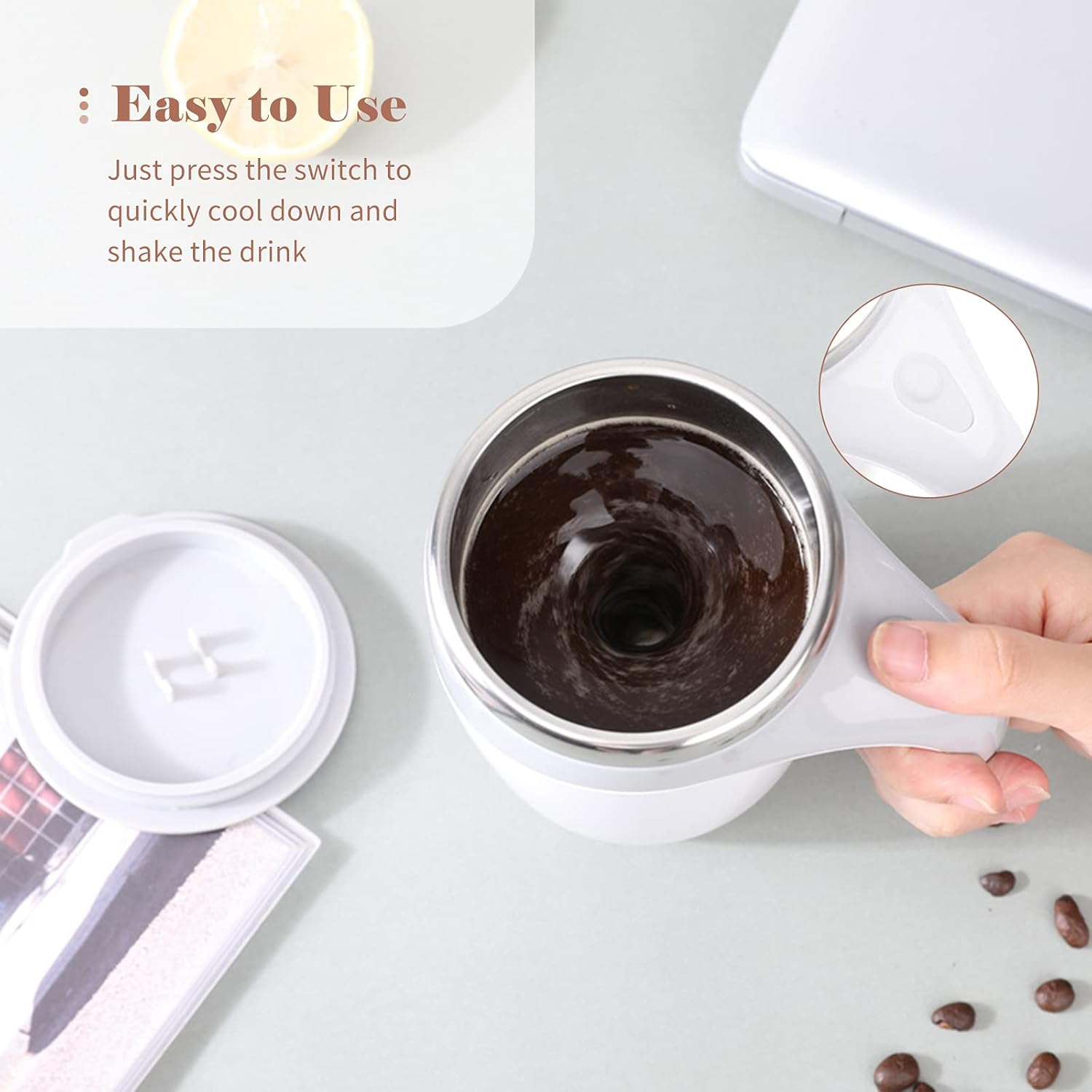 Staright 380Ml Self Stirring Mug with Lid Automatic Magnetic Stirring Coffee Cup Electric Stainless Steel Self Mixing Coffee Cup for Coffee Milk Cocoa Hot Chocolate