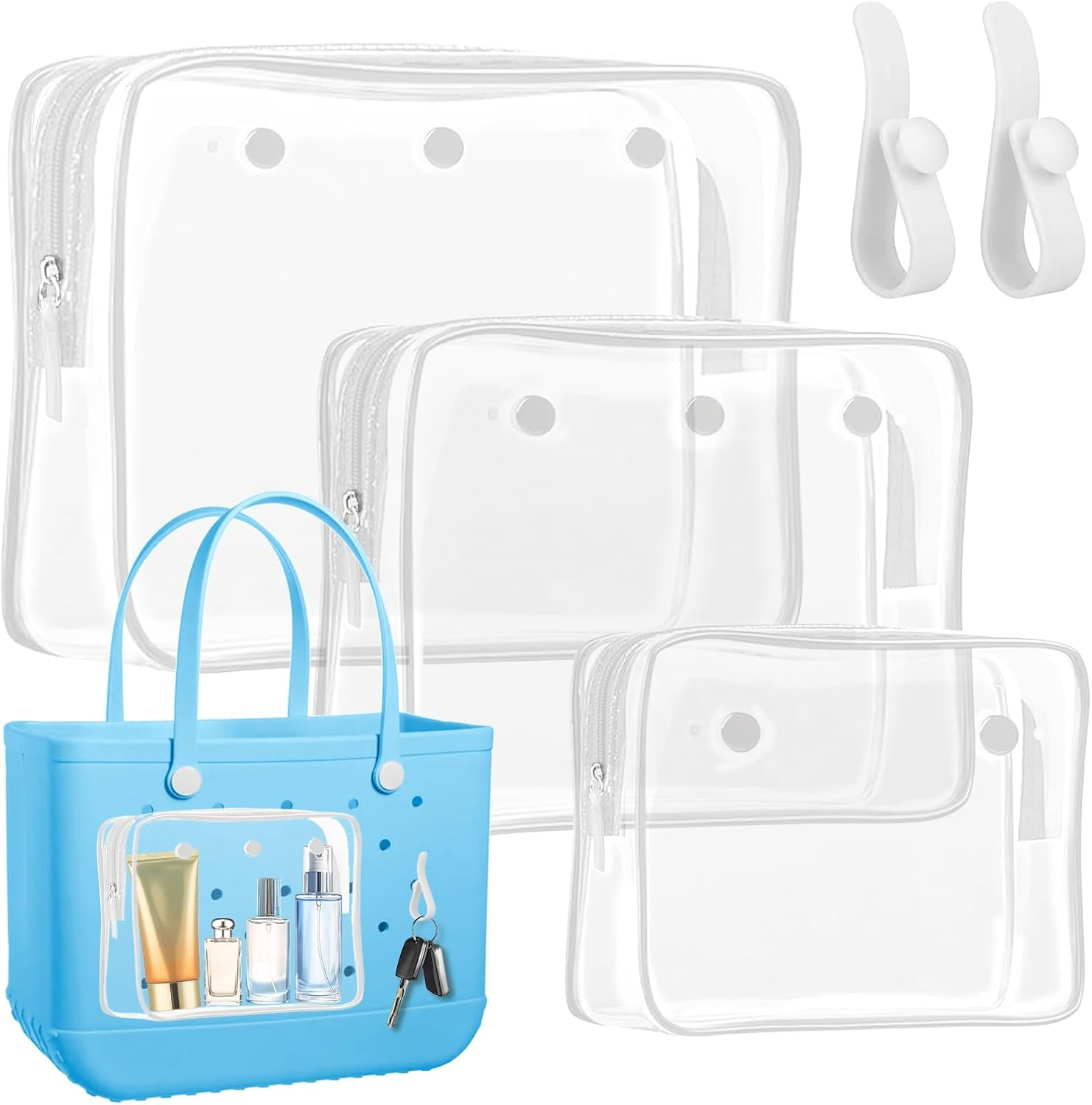 2 Pack Clear Inner Pouch Tote Bag with 2 Insert Hooks for Bogg Bag, Divider Storage for Travel Cosmetic Makeup Clean Organizer, White, Modern