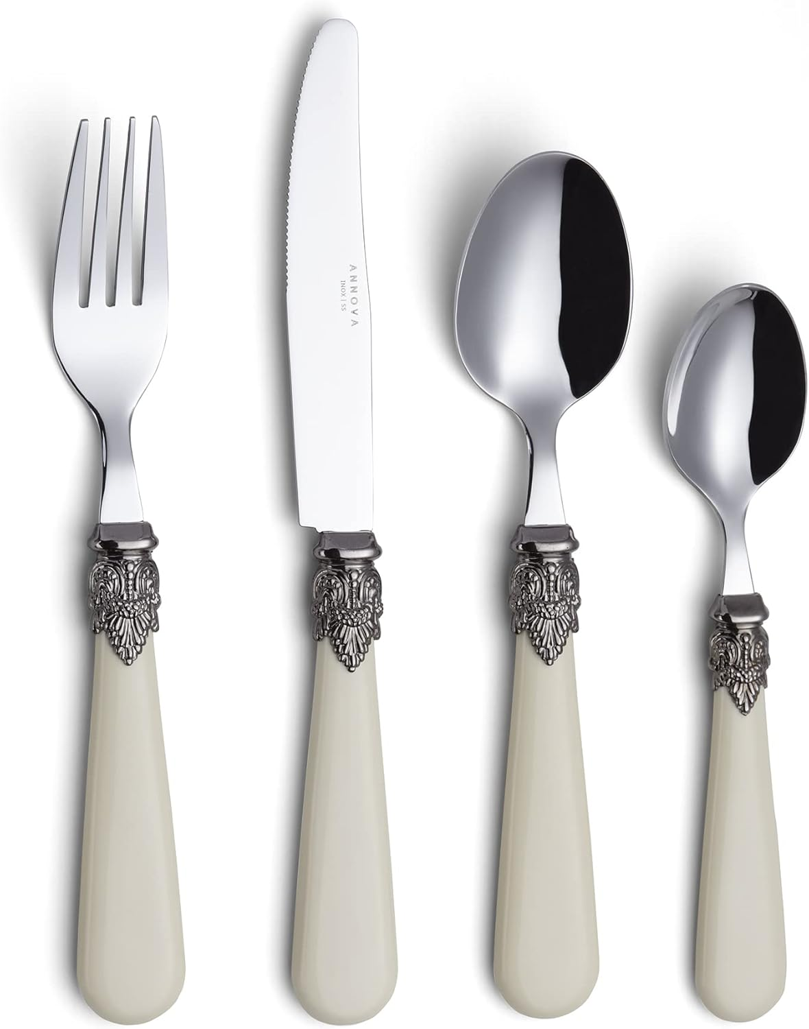 Annova Flatware 24 Pieces Set/Stainless Steel Vintage Silverware/Cutlery Set, Ivory Color, Dinner Knife/Dinner Fork/Dinner Spoon/Dessert Spoon, Mirror Polished, Service for 6 - Cream/Ivory Vintage image number 2