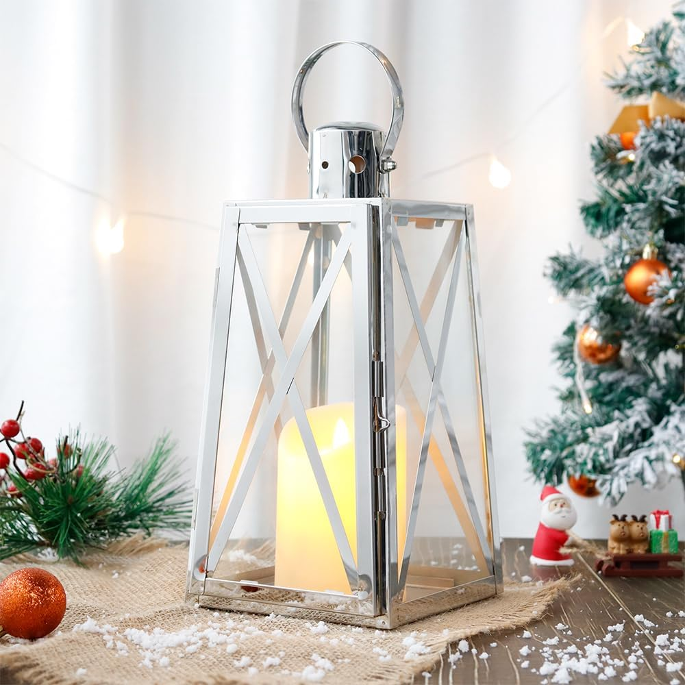 TRIROCKS Stainless Steel Decorative Lantern 12''H Metal Outdoor Candle Holder Hanging Candle Lantern with Tempered Glass for Christmas Home Wedding Living Room Parties Indoor Outdoor(Gold Trapezoid)