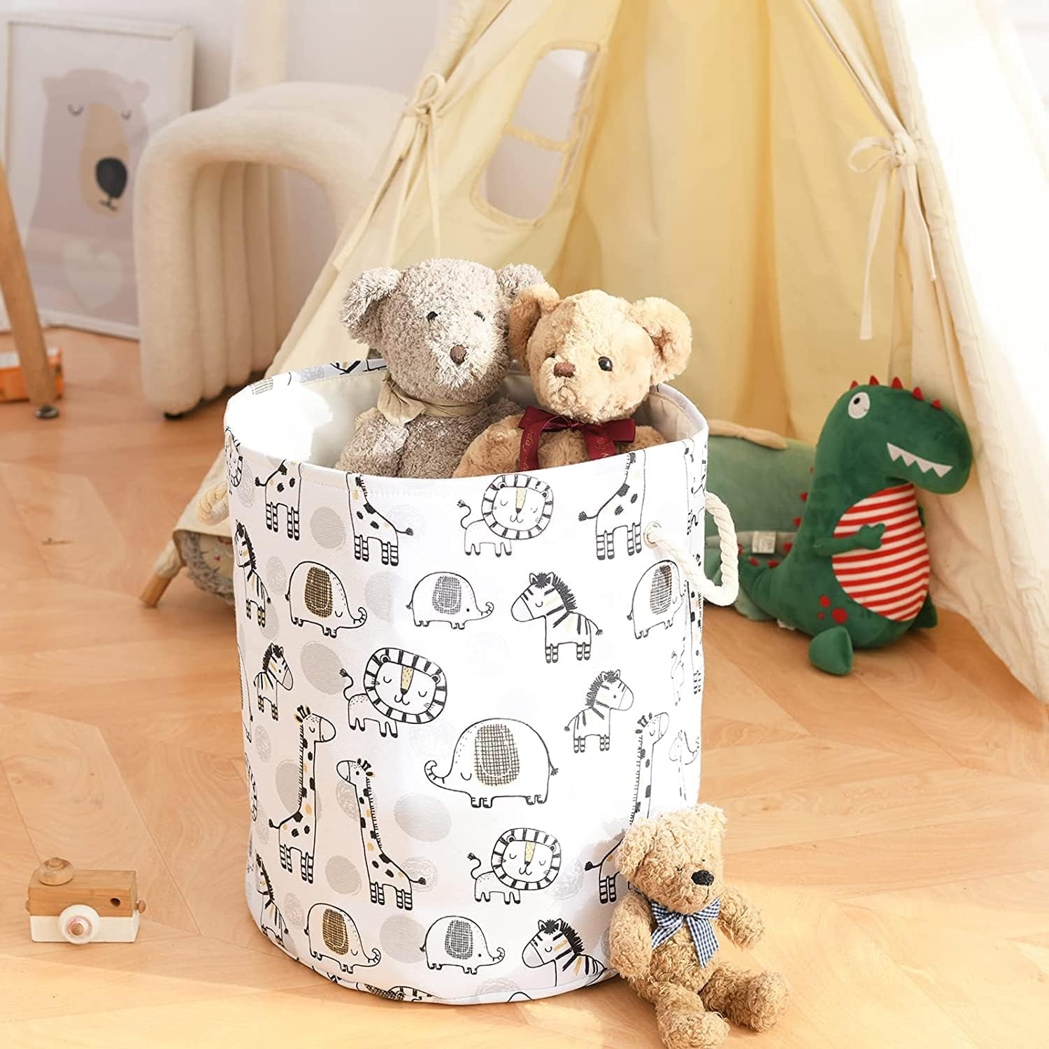 Inough Extra Large Baby Basket for Nursery, 58L Kids Laundry Basket Baby Room Decor, Waterproof Canvas Clothes Hamper Toy Box for Boys Laundry Hamper Foldable Toy Storage Baskets with Handles - Coffee Color image number 3