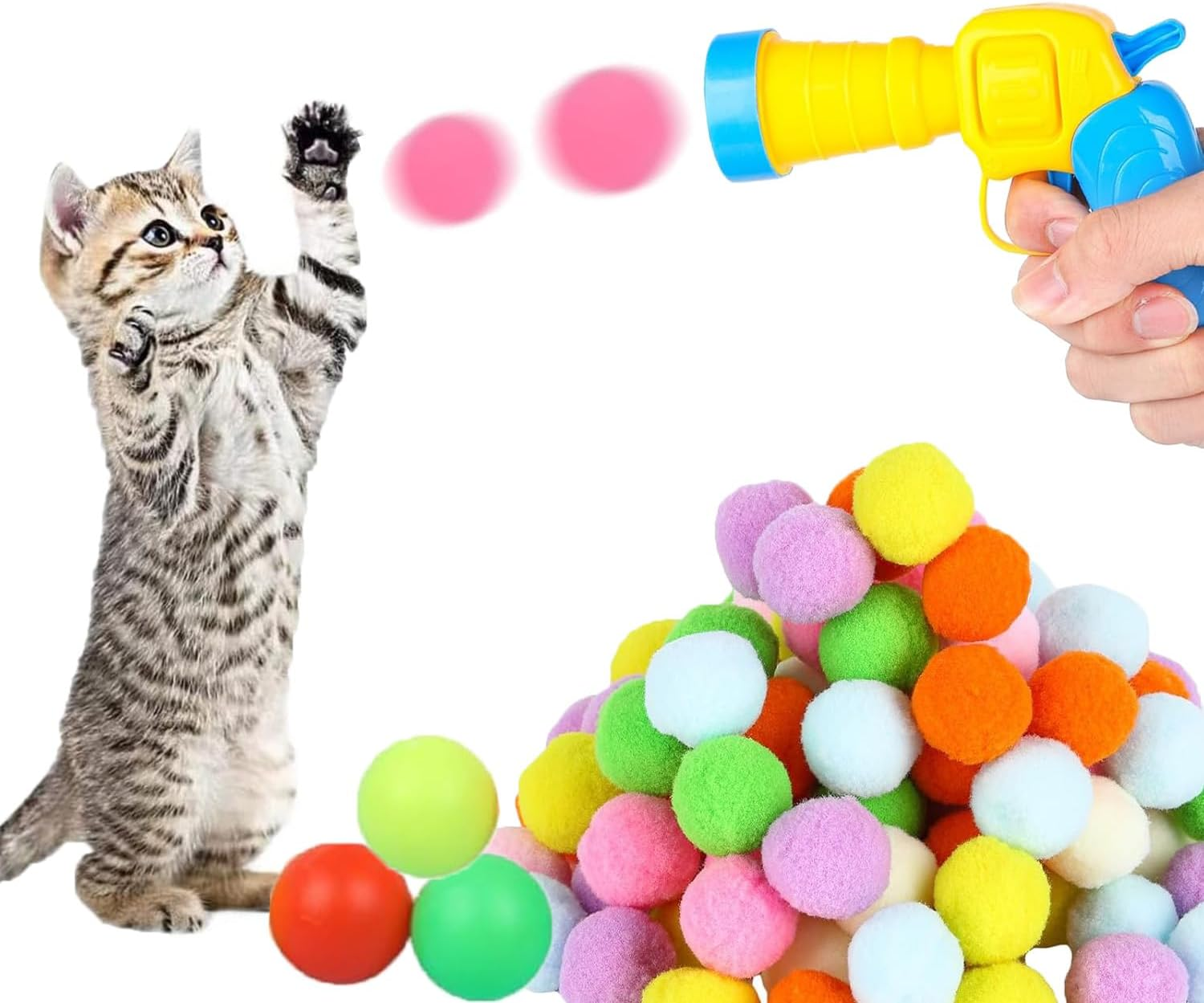 Interactive Cat Toy, Pack of 100 Cat Toy Balls, Soft Cat Balls with Cat Toy Launcher, Cat Pompom for Indoor Interaction with Cats image number 1