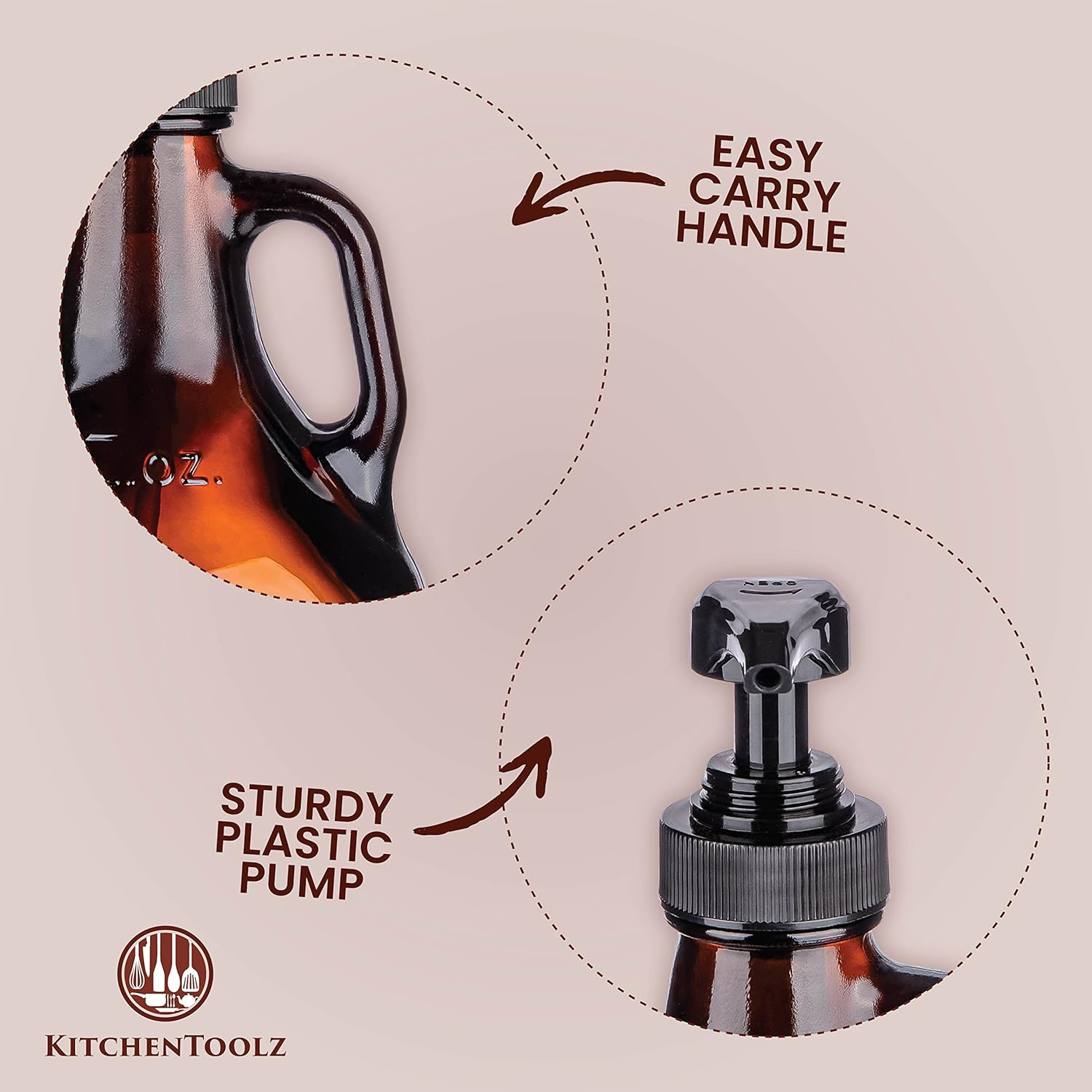 Half Gallon Glass Pump Dispenser Bottle, Large Jug with Pump for Laundry Soap Dispenser, Liquid Detergent, Fabric Softener, Syrup Pump - 64 Oz Capacity - Amber Bottle- Pack of 2, by Kitchentoolz image number 2