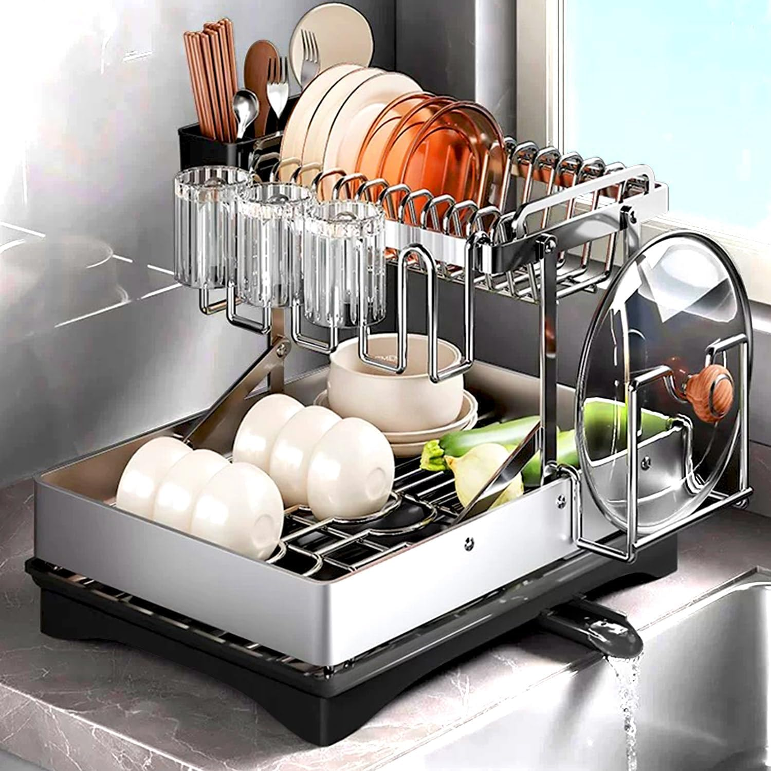Dish Drying Rack, Multifunctional Dish Rack for Kitchen Counter, 2 Tier Collapsible & Stainless Steel Dish Drainer, Kitchen Drying Rack Equipped with Tableware Racks and Cup Holders image number 4