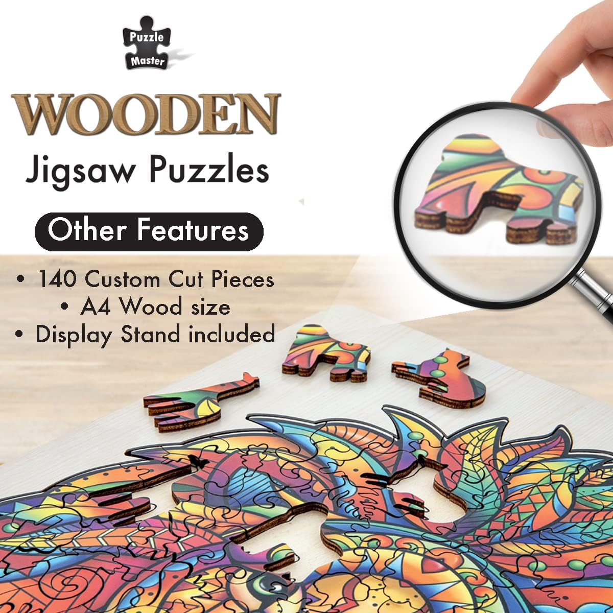 Puzzle Master Wooden Puzzle - Art Jigsaw Wood Cut Puzzle with Display Stand for Adults and Kids - Lion 145-Pieces Set image number 3