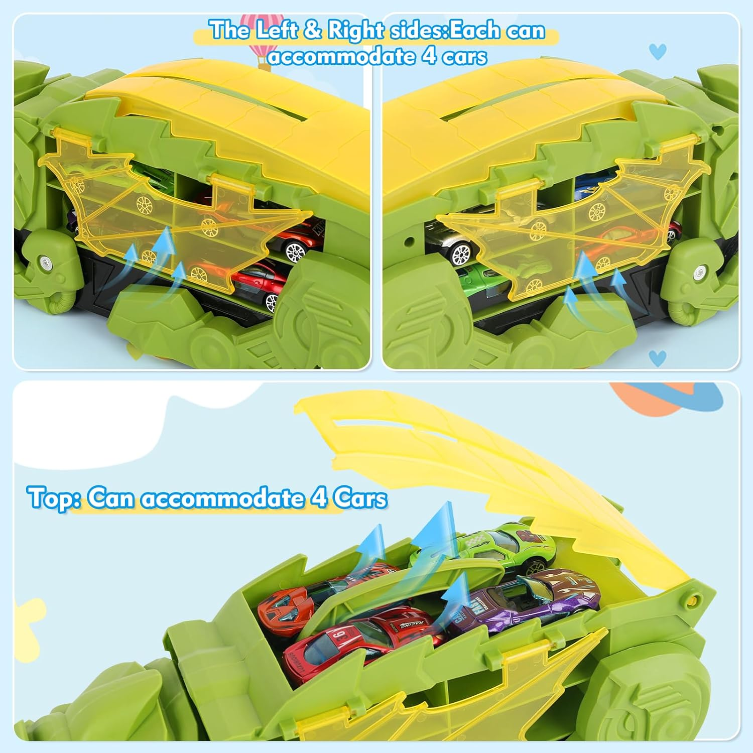 Dinosaur Truck Toy for Kids, Transforms into Triceratops with Race Track Set, City Dinosaur Transporter with 8 Toy Vehicle for Kids Boys over 3 Years Old