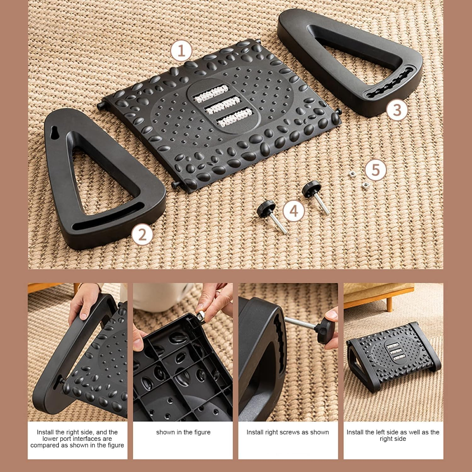 Adjustable Footrest under Desk, 6 Height Adjustable Ergonomic Comfort Foot Stool at Work with Massage Texture and Roller, Foot Support for Home & Office (Black) - Black image number 4