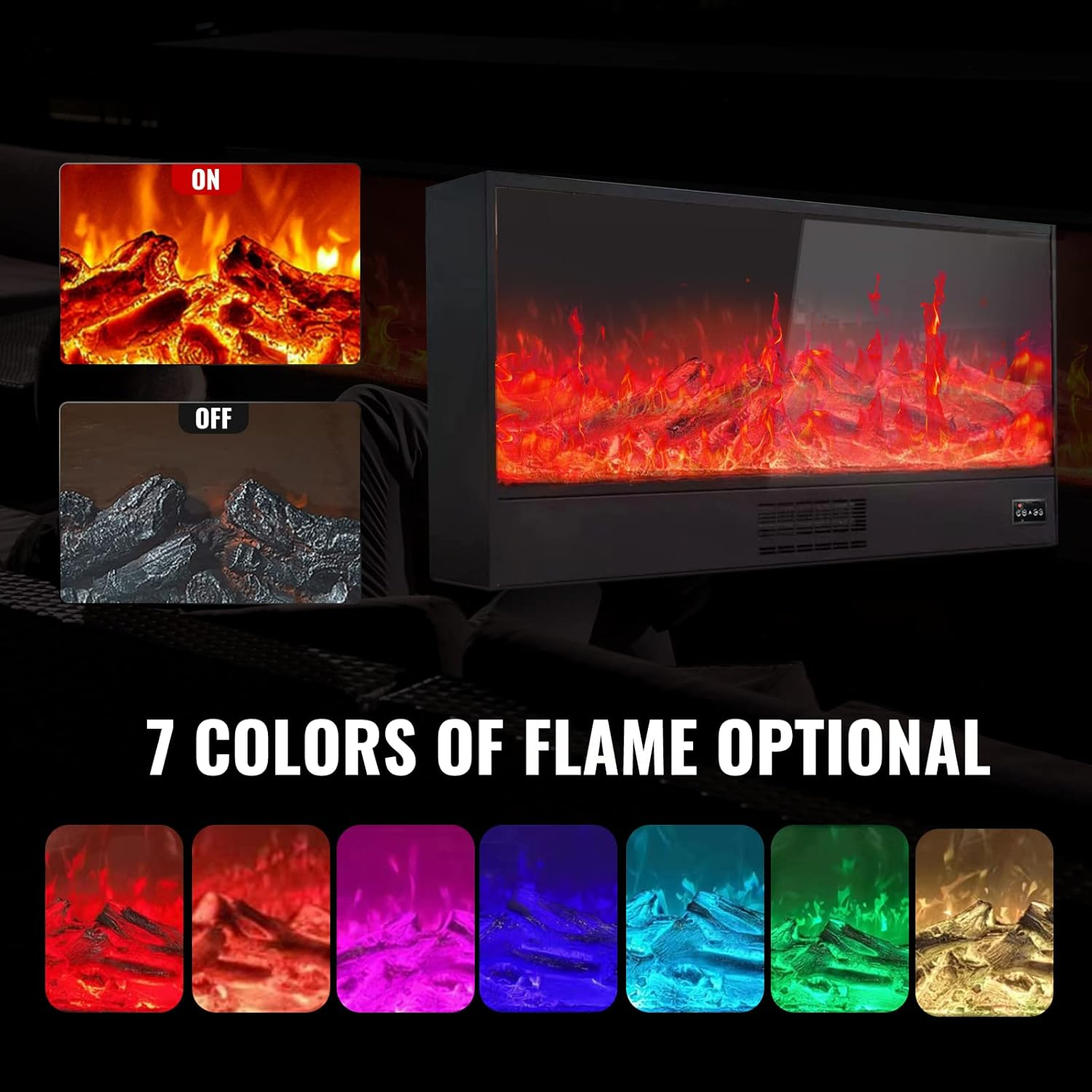 USOR Electric Fireplace 150Cm Recessed Wall Mounted Heater Linear Fireplace Smoke-Free Wood Charcoal Led Ultra Thin Remote Control 7 Colors Flame 5 Levels Dimmable Insert Fireplace Heating 750W/1500W image number 4