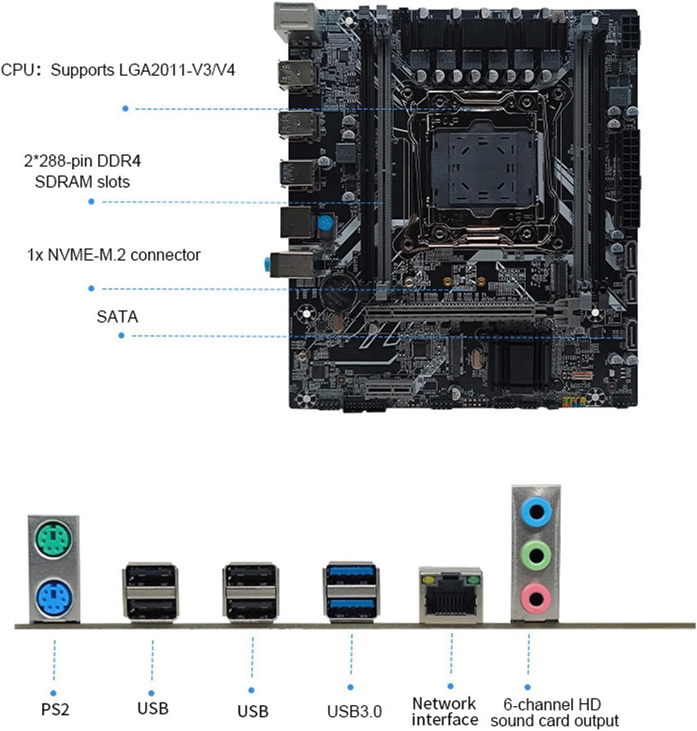 X99 Motherboard, LGA 2011 Motherboard with 4 Channel DDR3 Memory Slots, M.2 Nvme NGFF Serial, ATA3.0 and ATA2.0 Ports, Pcie for I7 image number 5