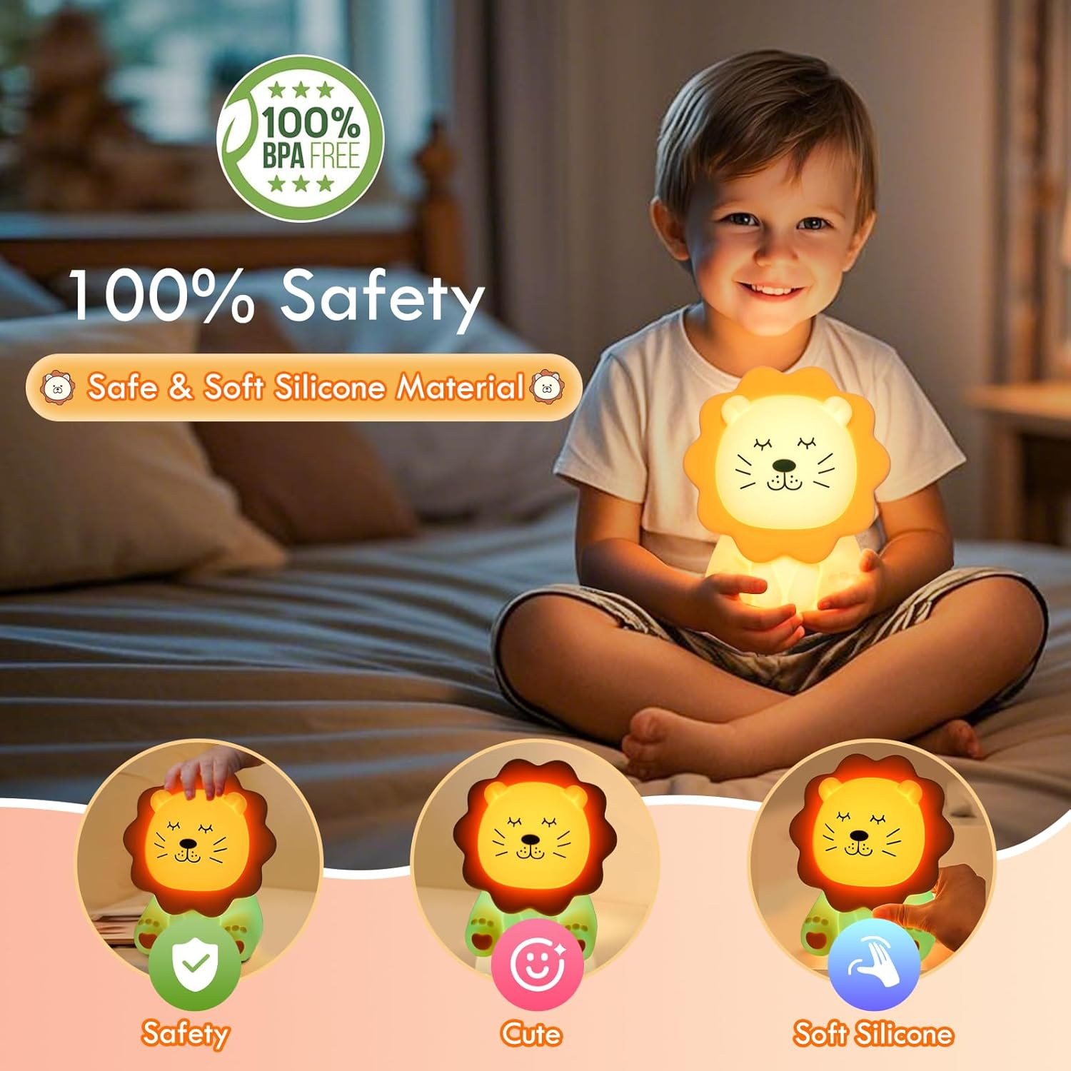Night Light for Kids, 7 Colors Soft Silicone Kids Night Light with 3 Level Dimmable, Rechargeable Anti-Glare Nursery Night Light with Warm White & Multicolor, Squishy Cute Lion Bedside Touch Lamp