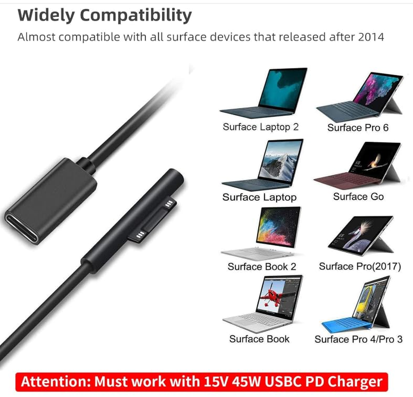 Surface Connect to USB-C Charging Cable Compatible for Microsoft Surface Pro7 Go2 Pro6 5/4/3 Laptop1/2/3 & Surface Book, Works with 45W 15V3A USBC Charger PD - 0.2 Meters (Black Female) image number 4