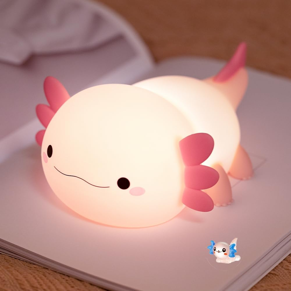 Magical JD Axolotl Night Light for Kids Bedroom, Animal Silicone Nursery Night Lamp Touch Dinosaurs Nightlights USB Rechargeable Bedside Lamp for Baby Children Toddlers Girls Gift (Pink Axolotl)