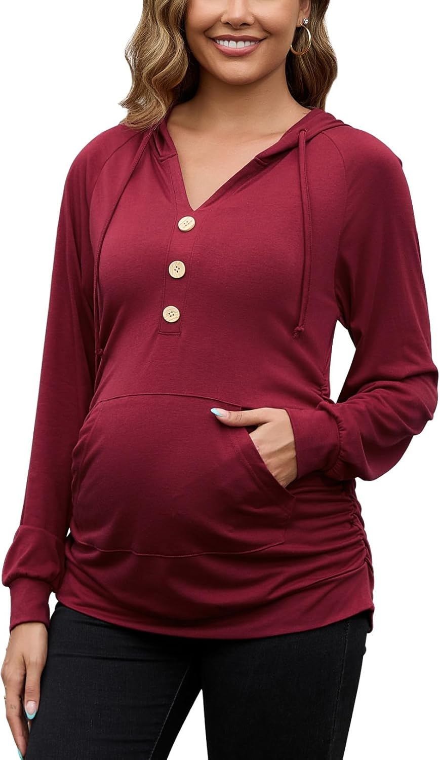 GINKANA Maternity Hoodies Long Sleeves Shirts Half Button Decoration Sweatshirt V Neck Pullover with Pockets Pregnancy Tee