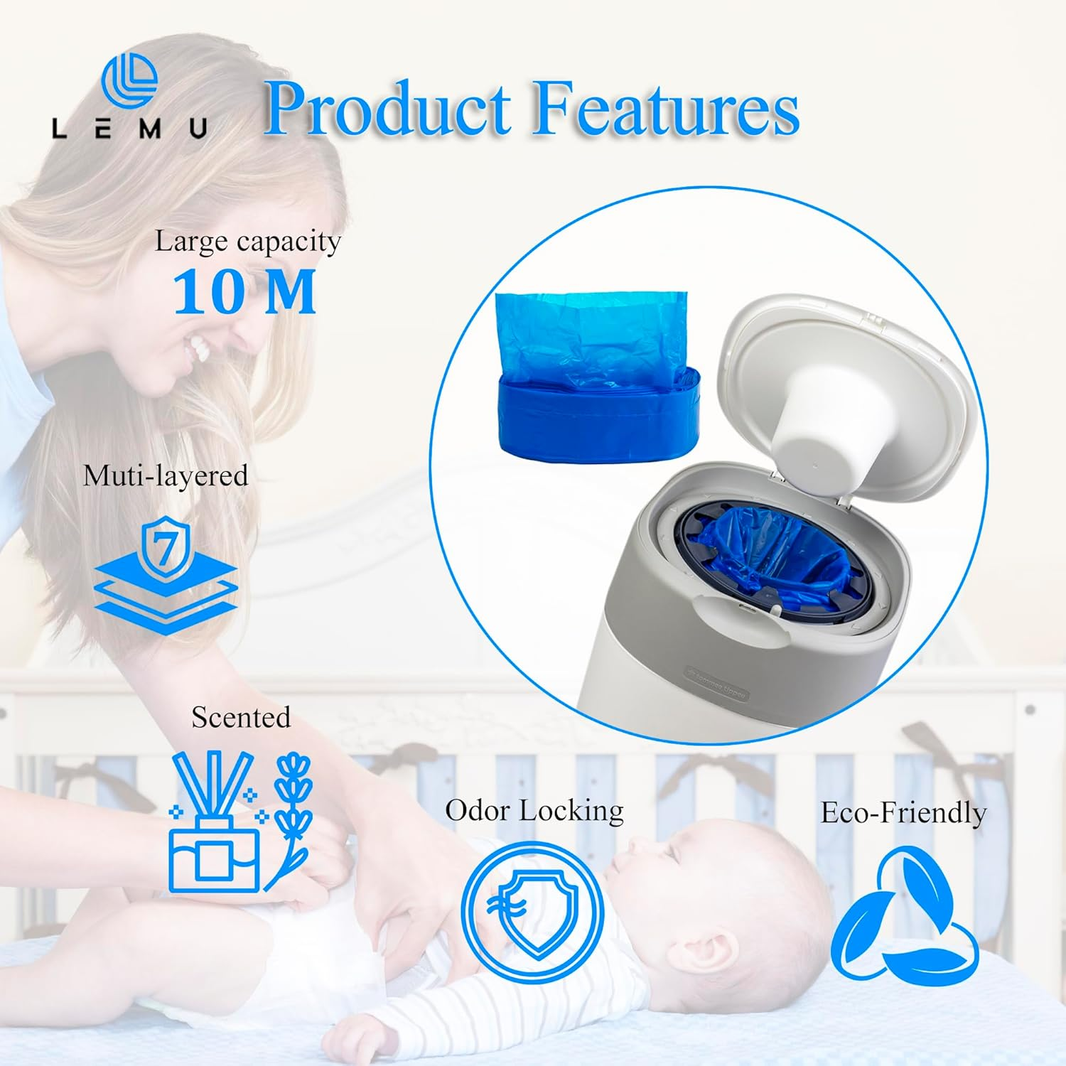 LEMU 10-Pack (10 Meters) Nappy Bin Refill Bags - Compatible with Tommee Tippee Twist & Click - 7 Layer Anti-Bacterial Odor Protection - Eco-Friendly - Cassette Not Included image number 3