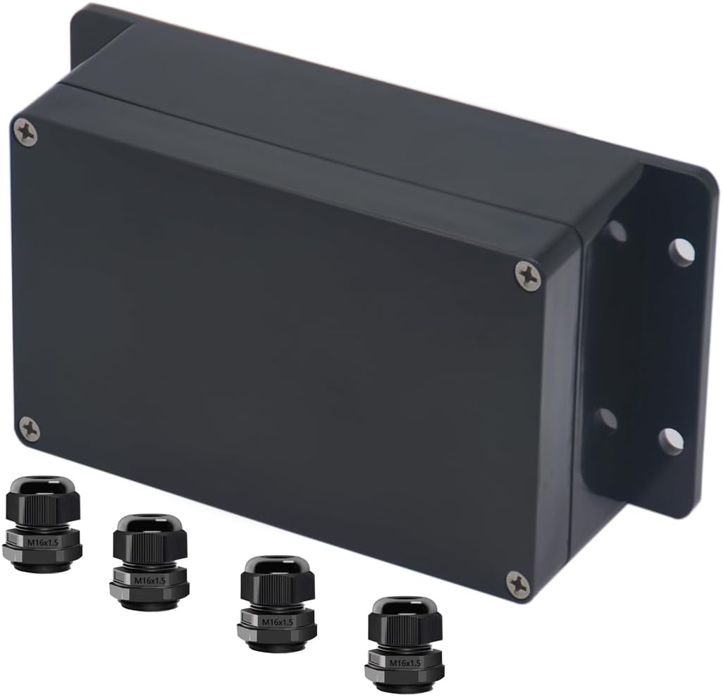 Raculety Project Box ABS Black Electrical Boxes IP65 Outdoor Waterproof Box Electronic Junction Box Fixed Ear Power Enclosure with Cable Glands for DIY Project 6.22 X 3.54 X 2.36 Inch (158X90X60Mm)