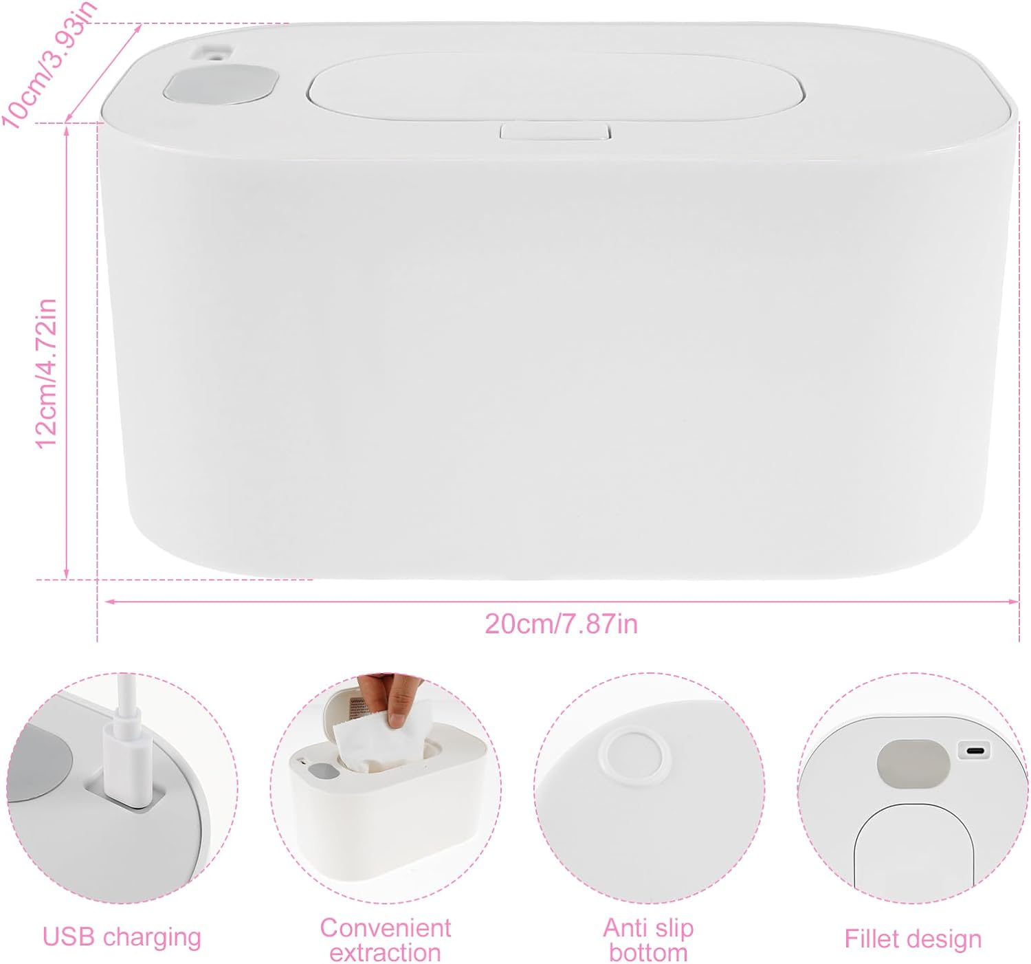 Newborn Wipe Warmer, Thermostat Baby Wipe Warmer and Wet Wipes Dispenser Portable Baby Wipes Dispenser Warmer Prevent Dry USB Baby Wipe Warmer for Car Home Baby Nursery 7.9&times;4.7&times;3.9 in (White) - Pink image number 5