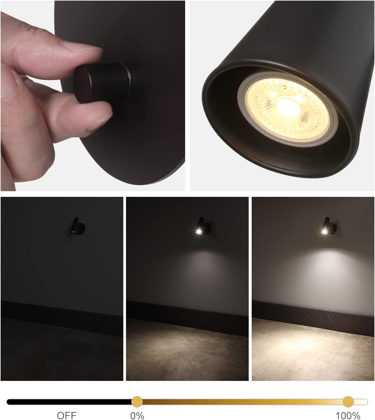 DAWALIGHT Dimmable Wall Light with Switch GU10 LED Warm White Dimmable 5 W Single Wall Lamp Indoor Adjustable Wall Lights for Reading Bedside Table Bedroom Corridor, Aluminium, Black image number 6