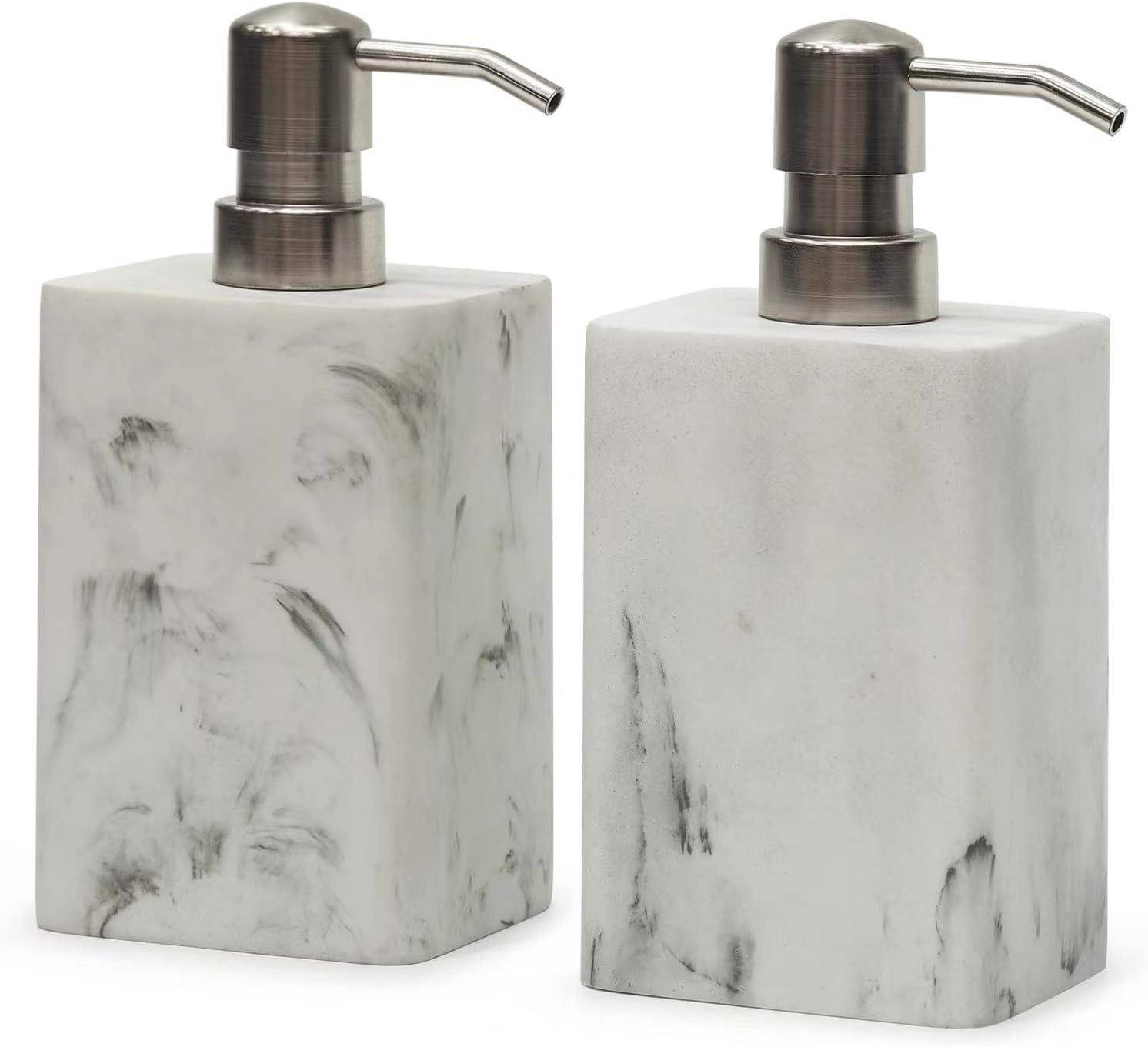 Soap Dispenser Set 2-Pack White & White Marble Style,Refillable Liquid Square Suanti Resin Decorative Soap Dispenser for Bathroom Countertop & Kitchen Home Decor (14.5 Oz)