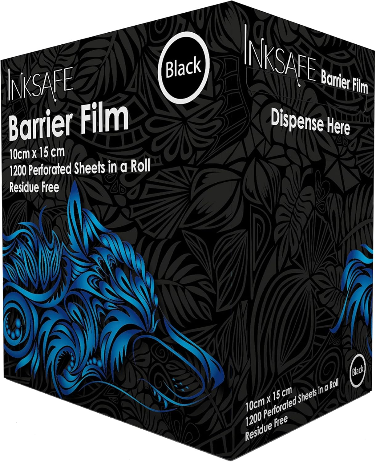 Inksafe Black Protective Adhesive Barrier Film Roll Dispenser, 10Cm X 15Cm, 1200 Sheets/Roll - Medical, Dental, Tattoo, Beauty