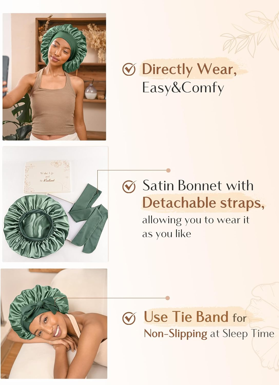 YANIBEST Silk Bonnet for Sleeping Women, Double Layer Hair Satin Bonnets with Elastic Band, Sleep Cap Curly Natural Hair, Green, One Size - Green image number 5