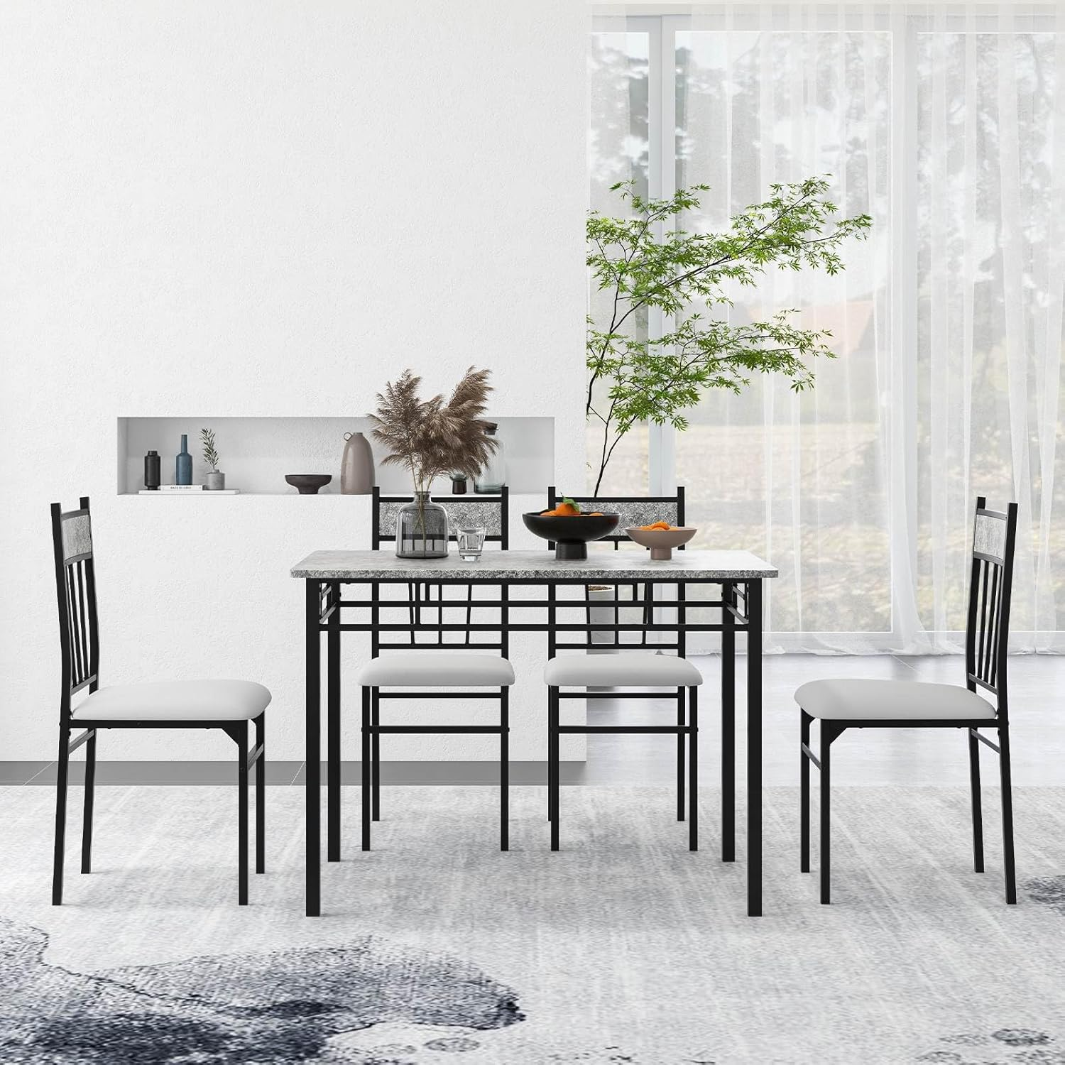 Costway 5-Piece Dining Table Set for 4, Space-Saving Kitchen Table Set with Faux Marble Design & Metal Frame, Dinner Table & Padded Chair Set for Dining Room image number 1