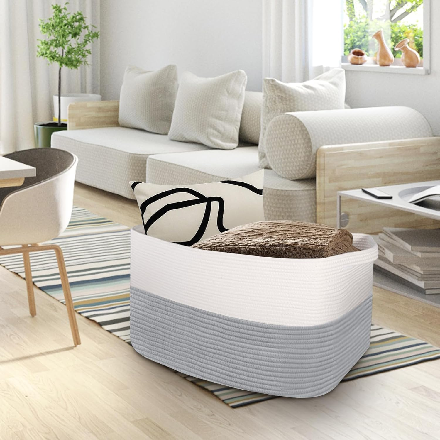 Extra Large Storage Baskets Laundry Basket with Handles Kids Toy Baskets Storage Woven Blanket Living Room Toy Basket for Blanket, Toys, Dirty Clothes in Bedroom (19" X 13.3" X 11.02")