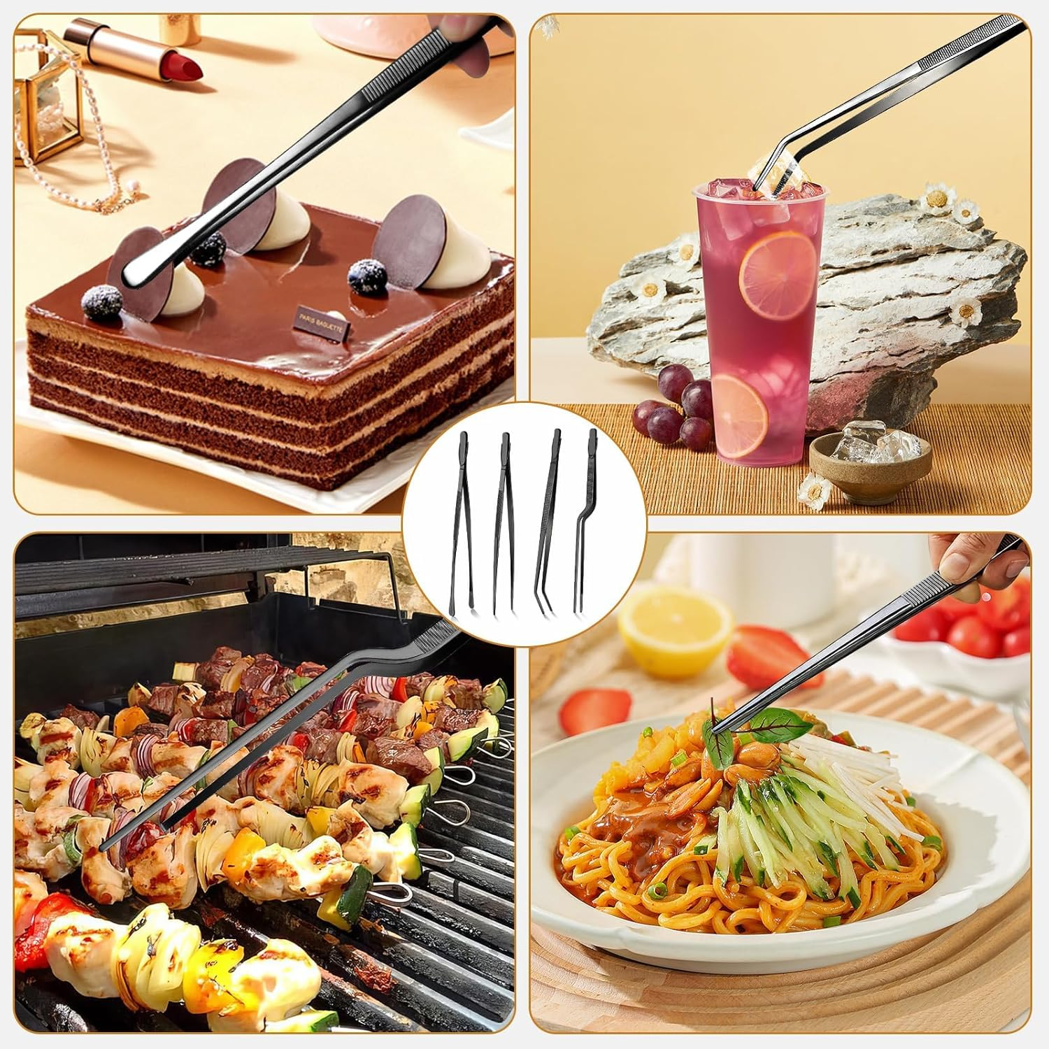 GEEKHOM Cooking Tweezers, [4 Pack] 12 Inch Fine Long Food Tongs Stainless Steel Kitchen Tongs Professional Cooking Tongs for Barbecue, Baking, Roasting, Dessert Decoration, Steak, Salad, Black