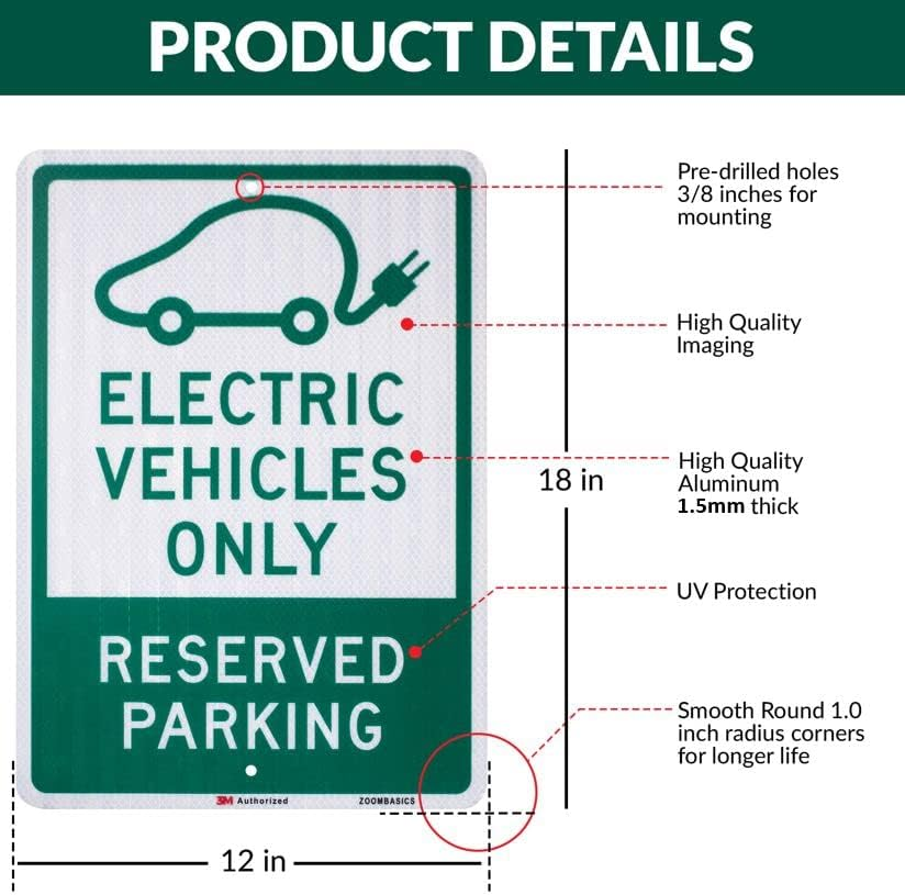 3 PACK - EV Parking Sign Electric Vehicle Reserved 12" X 18" 3M Authorized Engineer Grade EG EGP Quality Reflective Durable Laminated Aluminum image number 6