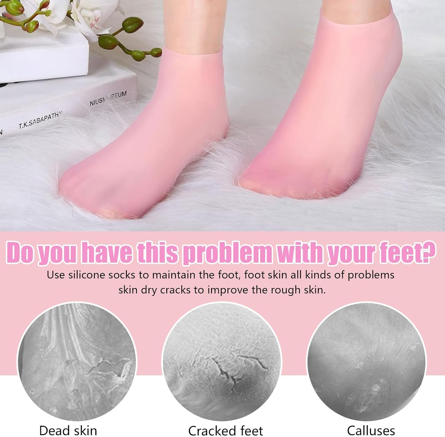Silicone Socks for Women, 2 Pairs Moisturizing Foot Socks, Soft Gel Socks for Repairing Dry Cracking Foot Skin, Softening Rough Skin (Pink) image number 5