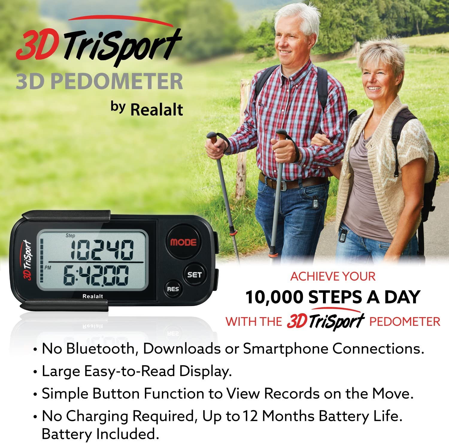 3Dtrisport Walking 3D Pedometer with Clip and Strap, Free Ebook | 30 Days Memory, Accurate Step Counter, Walking Distance Miles/Km, Calorie Counter, Daily Target Monitor, Exercise Time.