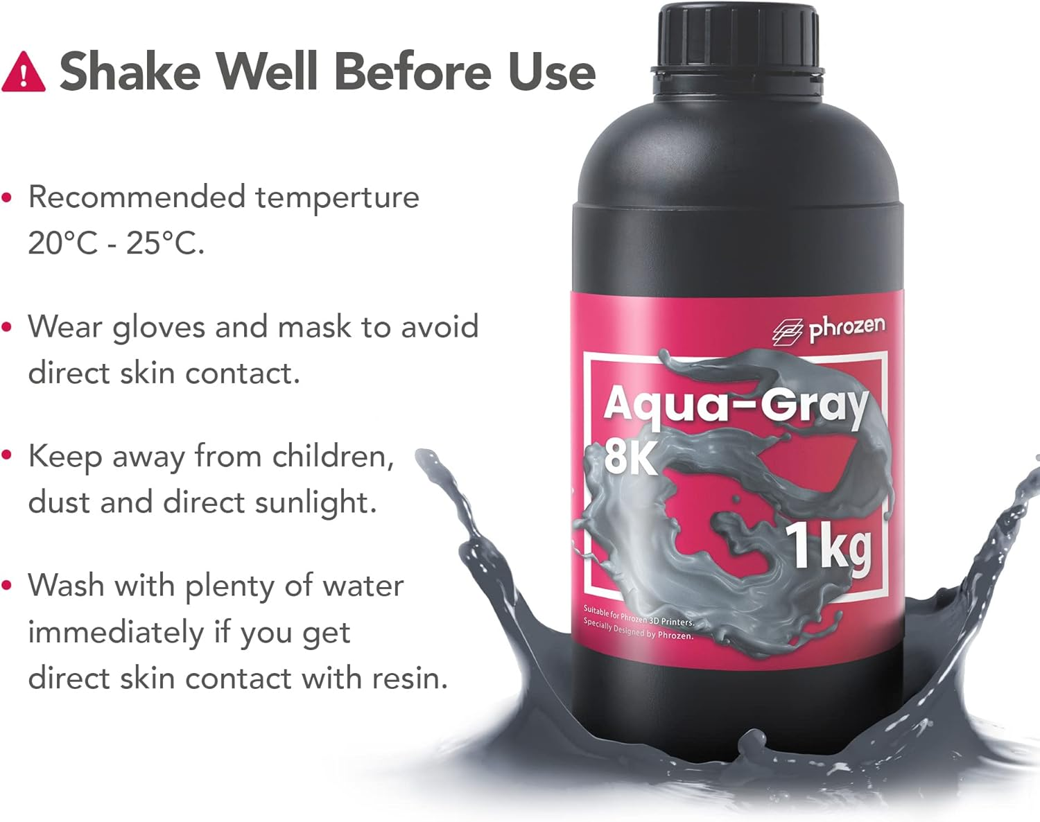 Phrozen Aqua Gray 8K 3D Printer Resin | Uv-Curing Resin for Most 405Nm LCD/DLP Printers | High Resolution, Wide Applications - Gray (1Kg) image number 2